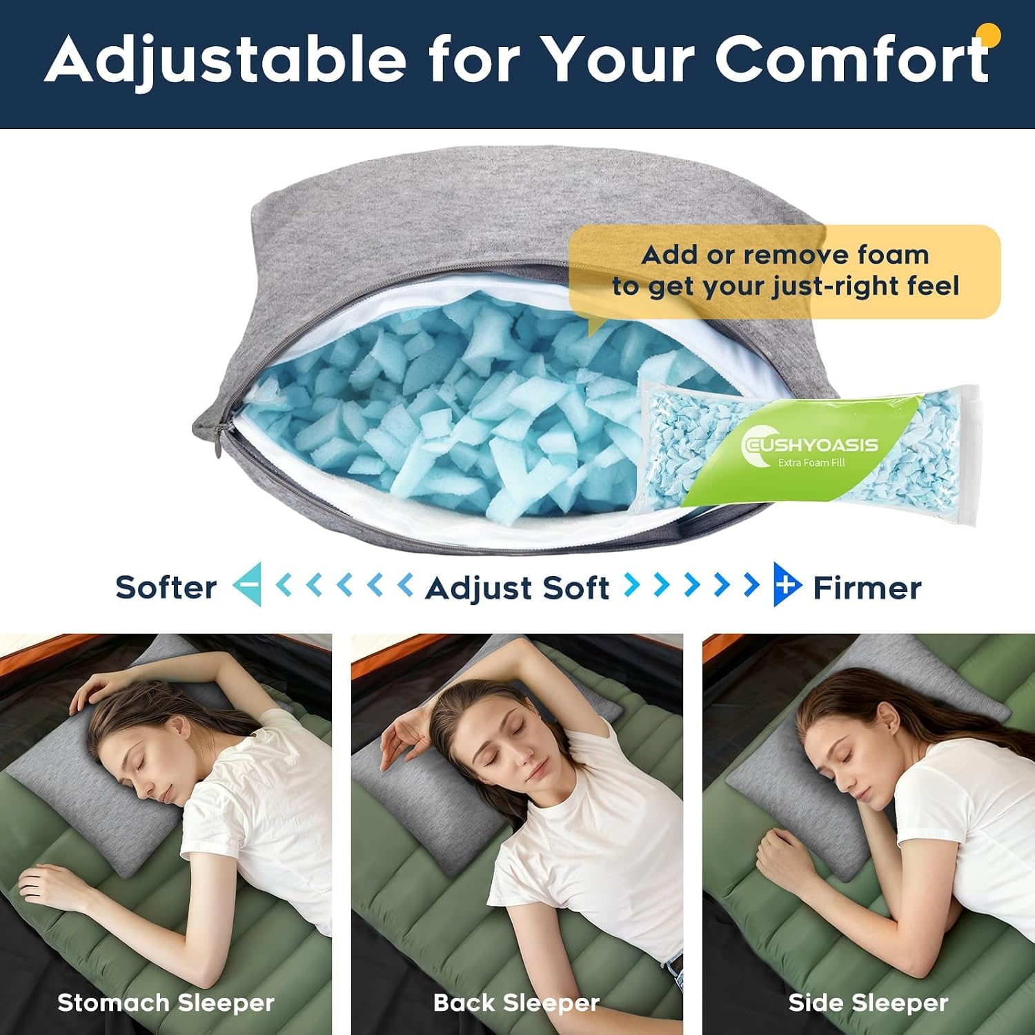 CushyOasis All-in-1 Camping Pillow Set - Shredded Memory Foam Neck Pillow Travel Pillow with Eye Mask, Earplugs, Washable Cover, Compact…