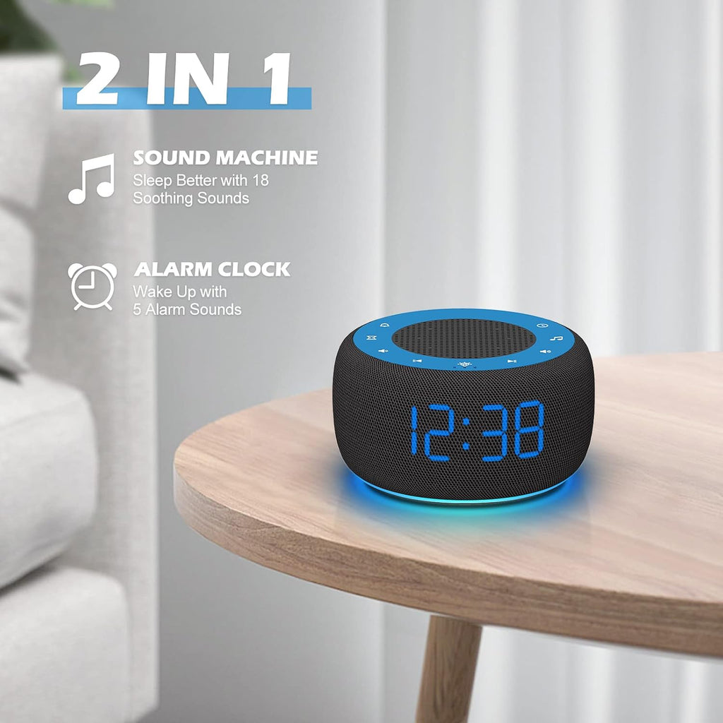 Buffbee Sound Machine & Alarm Clock 2-in-1, 0-100% Clock Face Brightness, Bottom Colored Light, Sleep Timer, Precise 30-Level Volume…