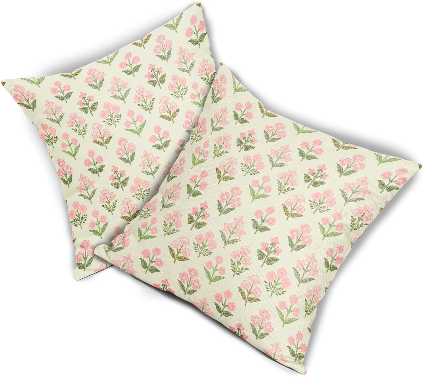Pink Green Floral Pillow Covers 24x24 Inch Set of 2, Vintage Flower Block Print Decorative Throw Pillowcases Outdoor Farmhouse Cushion…