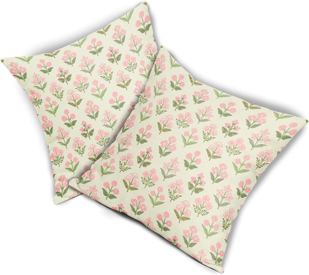 Pink Green Block Print Pillow Covers 16x16 Inch Set of 2 Vintage Floral Decorative Pillow Cases Boho Outdoor Linen Square Cushion Cover…