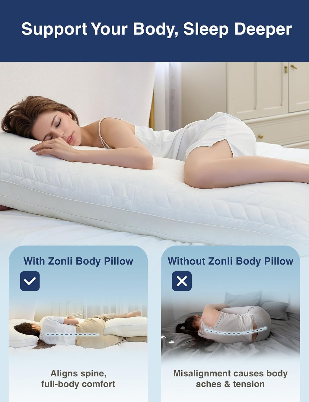 ZonLi Long Body Pillow for Adults, Firm Body Pillow with Adjustable Shredded Memory Foam, Soft Support for Side Sleepers, Pregnant Women…