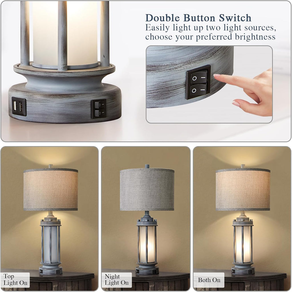 Aieampdo Rustic Table Lamp for Bedroom Living Room with 2 USB Ports, Farmhouse Vintage Nightstand Lamp 25'' with Light Green Glass Nightlig…