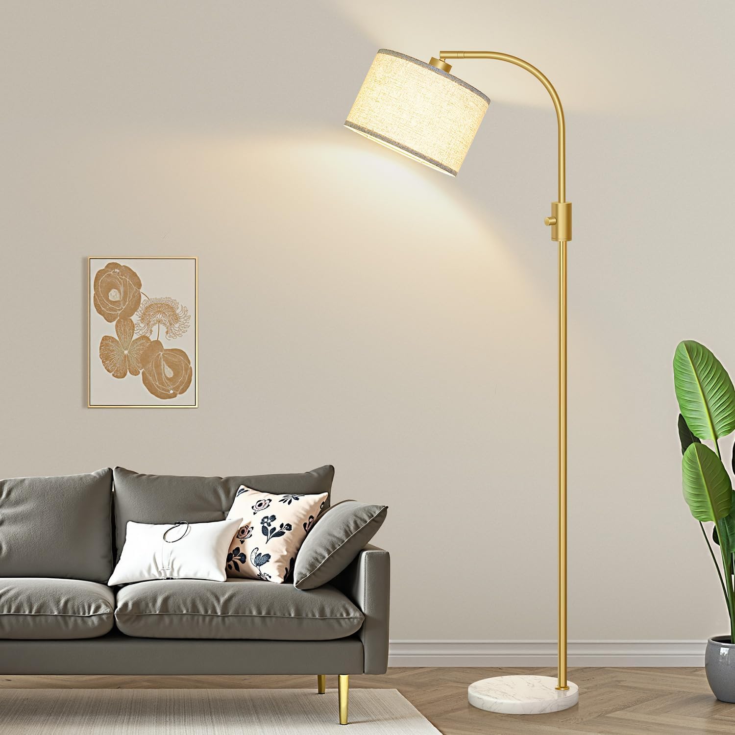 Nintiue Upgraded Modern Arc Dimmable Tall Standing Floor Lamp with Marble Base & Linen Shade, 1200 Lumens LED Bulb Included, for Living &…