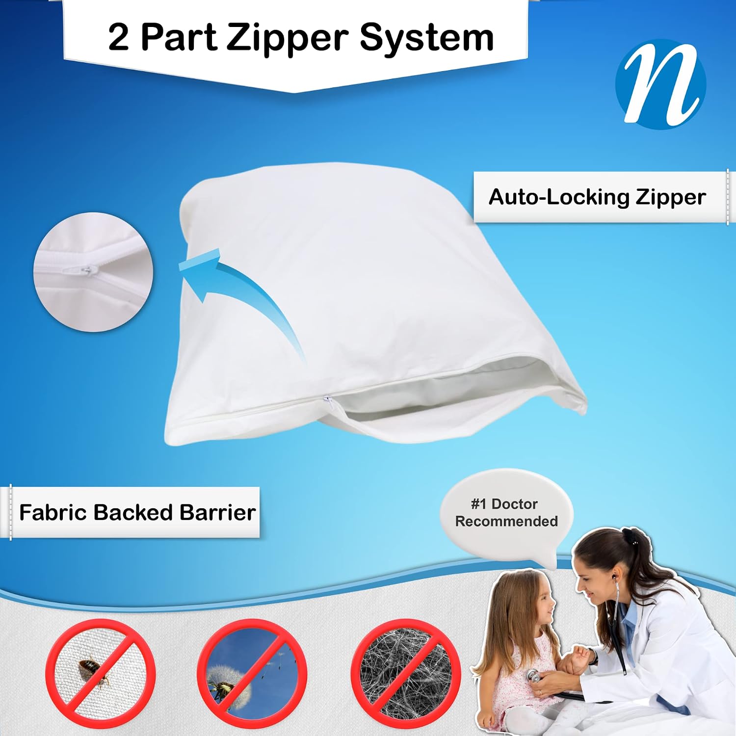 NationalAllergy National Allergy 100% Cotton Zippered Pillow Protector - Standard Size - White - 3 Pack - 300 Thread Count - Hypoallergenic…