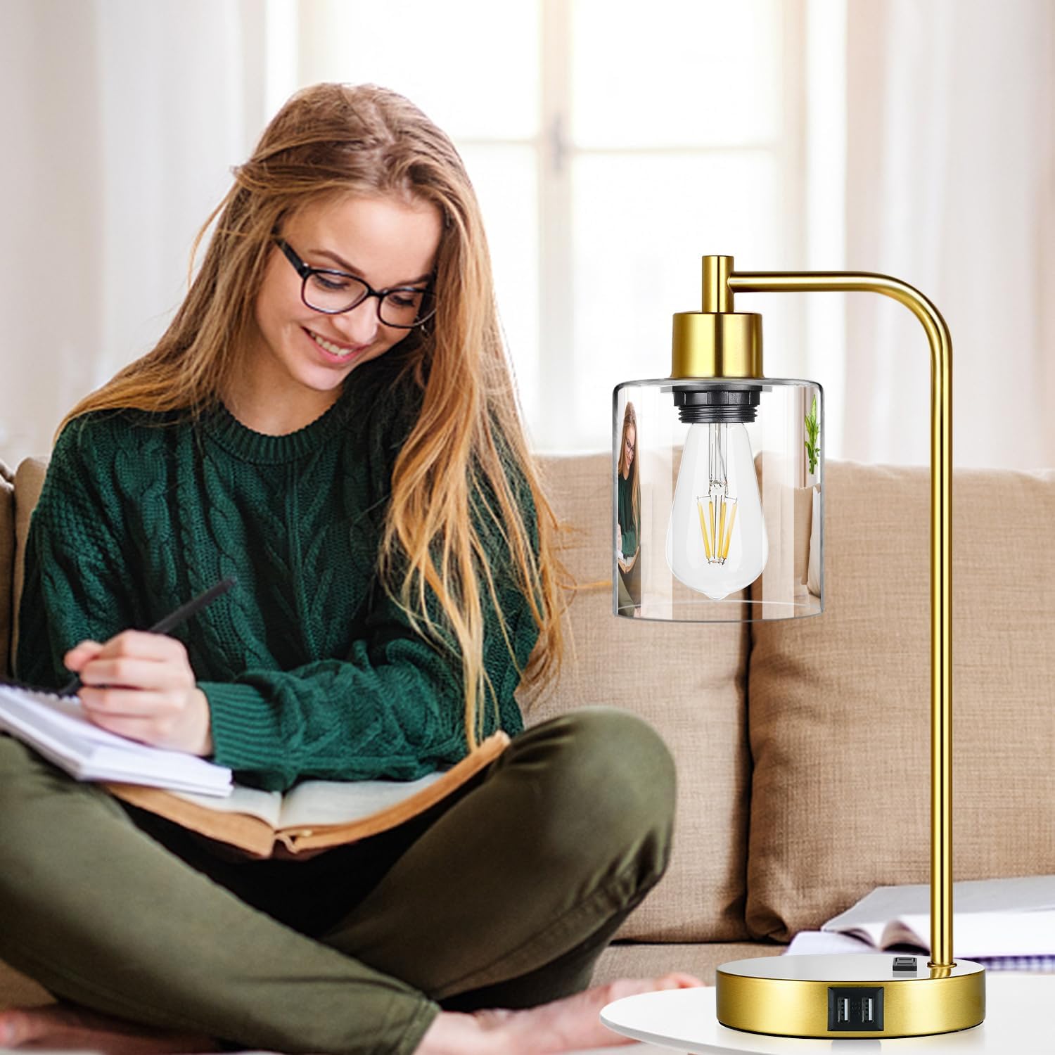 Industrial Touch Control Table Lamps Set of 2 - Gold Nightstand Bedside Lamps with 2 USB Ports & AC Outlet, 3-Way Dimmable Desk Lamp for…