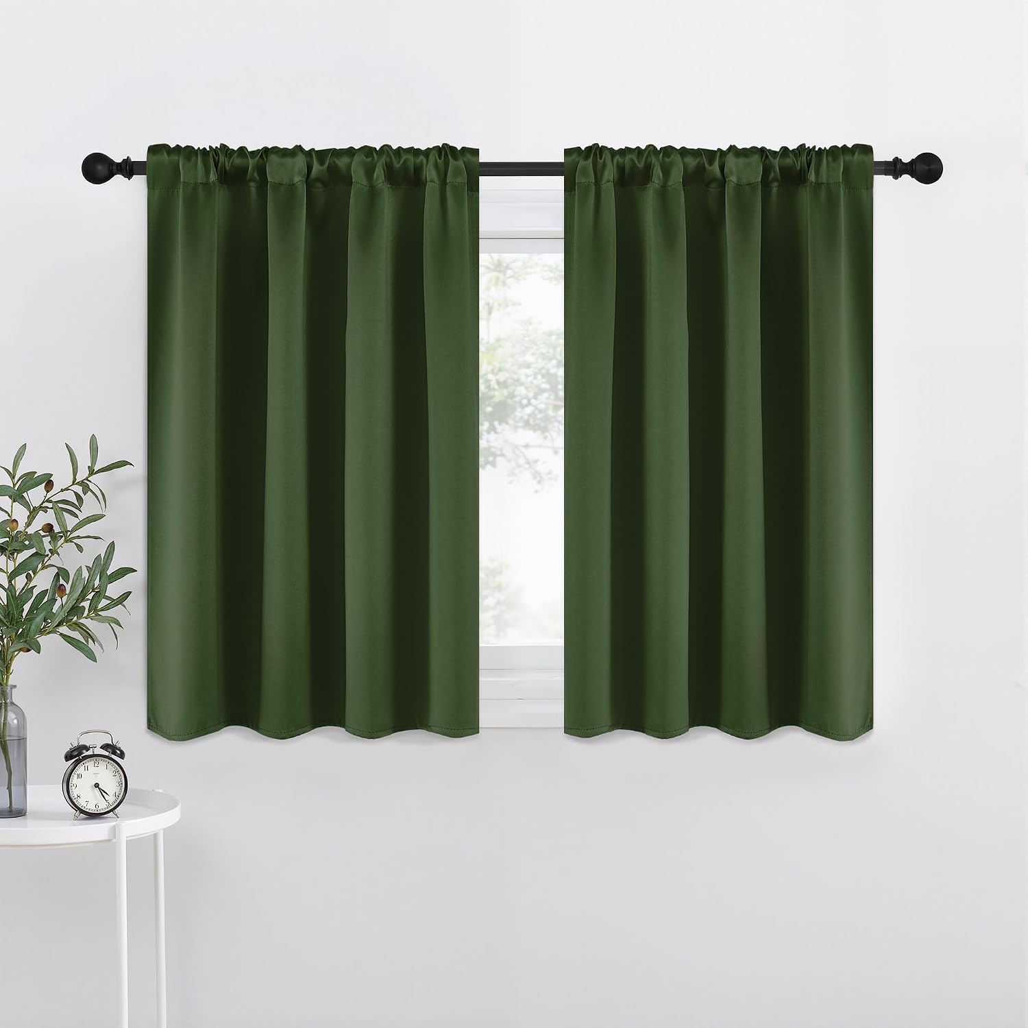NICETOWN Dark Green Blackout Cafe Satin Curtains for Small Windows, 42" Wide by 36" Long, 2 Panels, Rod Pocket Noise Reducing Faux Silk…