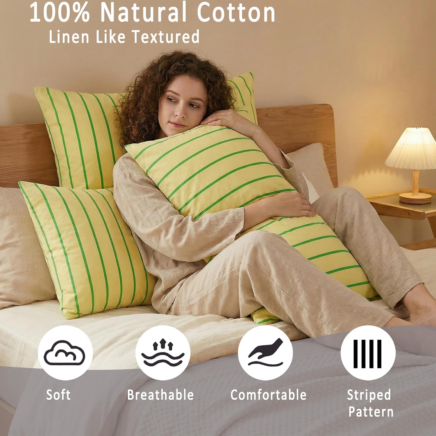 Merryword 100% Cotton Pillow Cases, Standard Size Pillowcases, Khaki & Green Striped Pillowcases, Luxury Linen Like Pillowcase, Soft Breath…