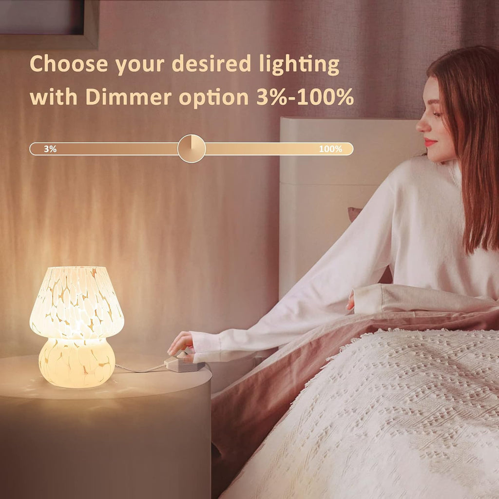ONEWISH Cute Mushroom Lamp Small Bedside Table Lamp Set of 2 Stepless Dimmable, Translucent Glass White Nightstand Lamp for Bedroom Dorm…