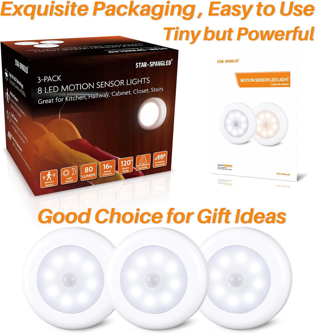 STAR-SPANGLED 3 Pack 3.1” Motion Sensor Lights Indoor AA Battery Operated, Stick on LED Puck Light for Closet, Stairs, Under Cabinet…