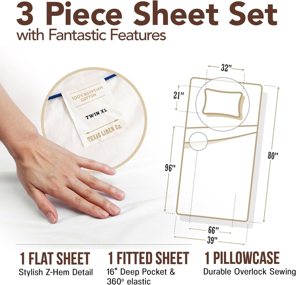 TEXAS LINEN CO. Egyptian Cotton Twin XL Sheet Set – 300 Series Extra Long Twin Sheets (4 PC, White), Soft & Durable, Cooling, 16" Deep…