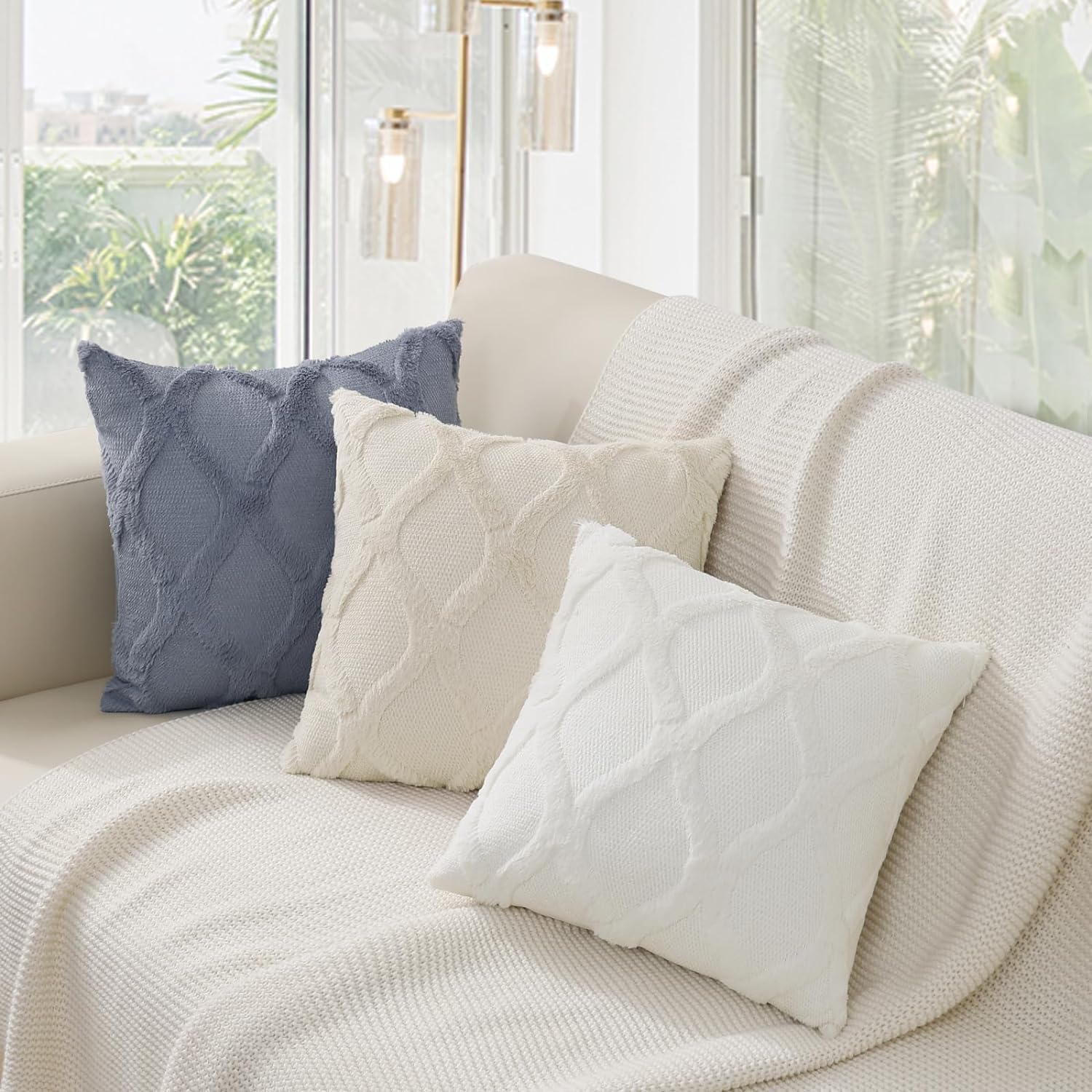 decorUhome Summer Throw Pillow Covers 12x20 Inch Set of 2, Soft Plush Faux Fur Wool Lumbar Cream White Accent Couch Pillow Covers for Moder…