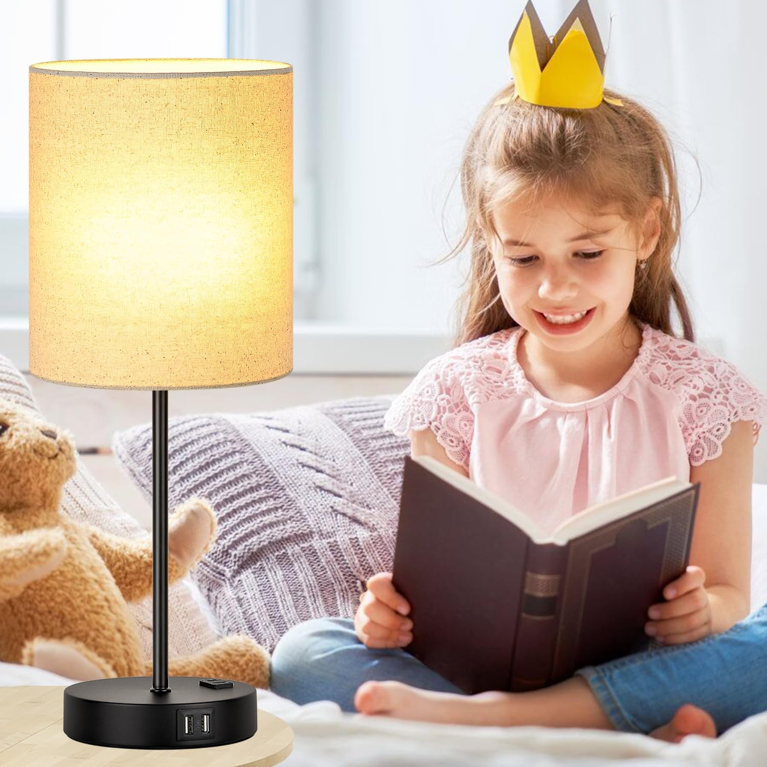 Lynnoland Set of 2 Touch Beige Table Lamps with 2 USB Ports & AC Outlet, 3-Way Dimmable Bedside Nightstand Lamps for Living Room Nursery…