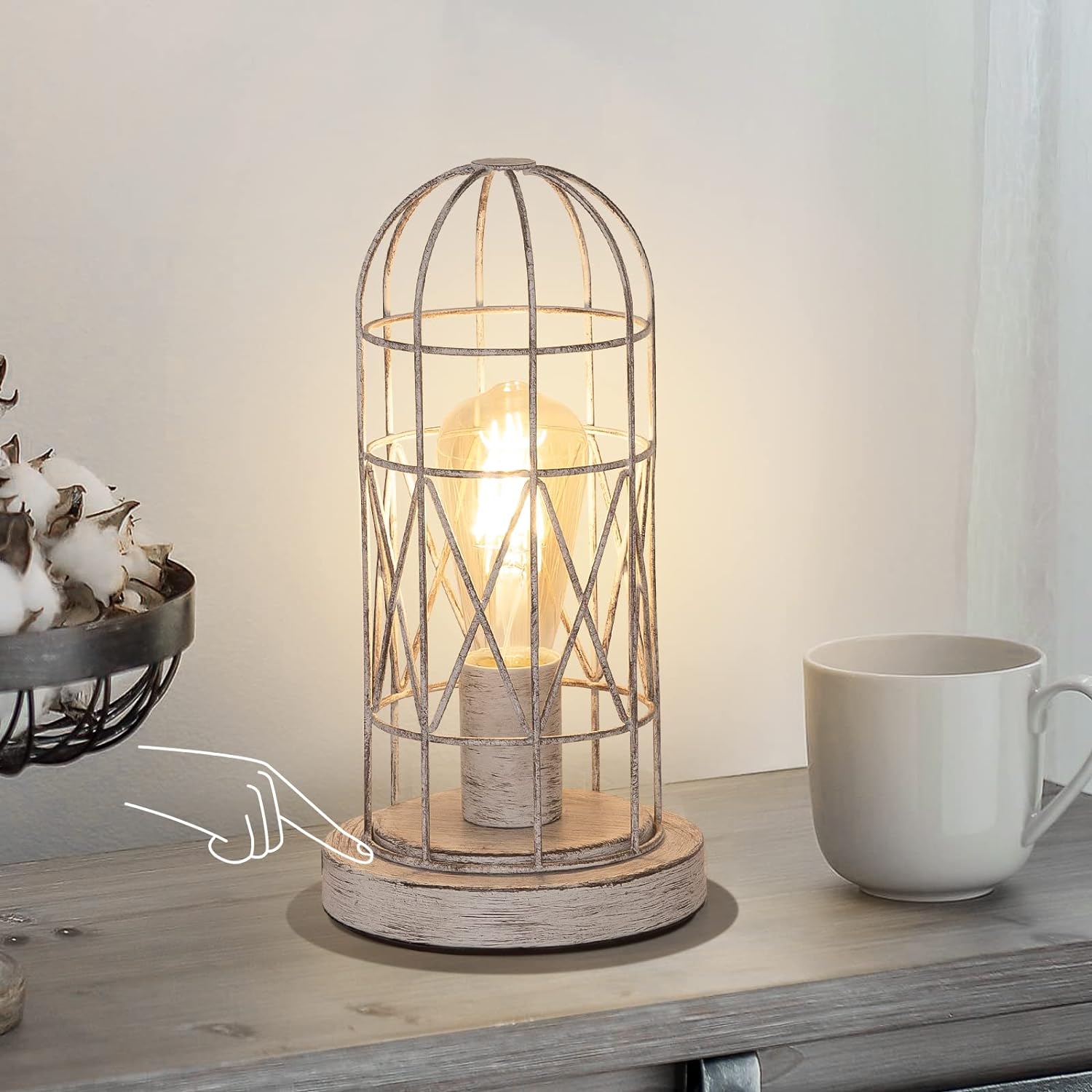 Small Table Lamp, Touch Control Table Lamp with Brushed White Oak Cage, Farmhouse Bedside Lamp 3-way Dimmable Nightstand Lamp Edison Lamp…