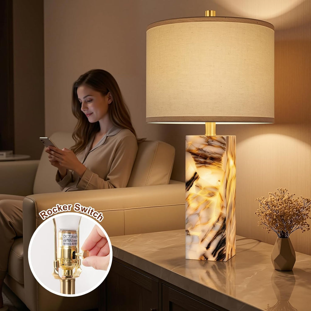 Scenekoy 23" Modern Alabaster Table Lamps Set of 2 with Night Light for Bedroom, Rotary Switch, Bedside Lamp with Linen Shade, Brown…