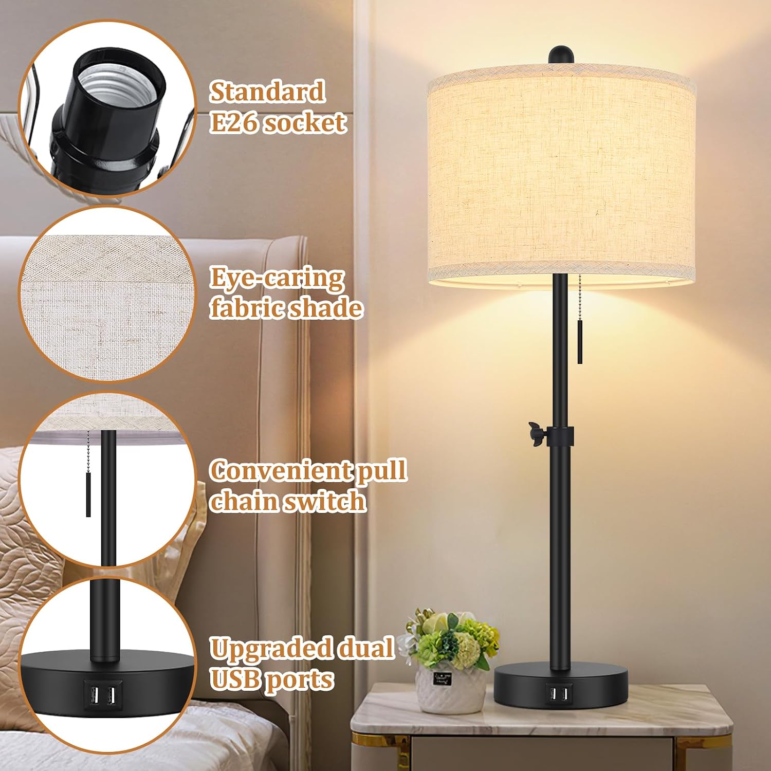 Adjustable Table Lamps for Bedroom Set of 2, 23''-30'' Height Adjusted Bedside Lamps with 2 USB Ports, Black Nightstand Lamps with Cream…