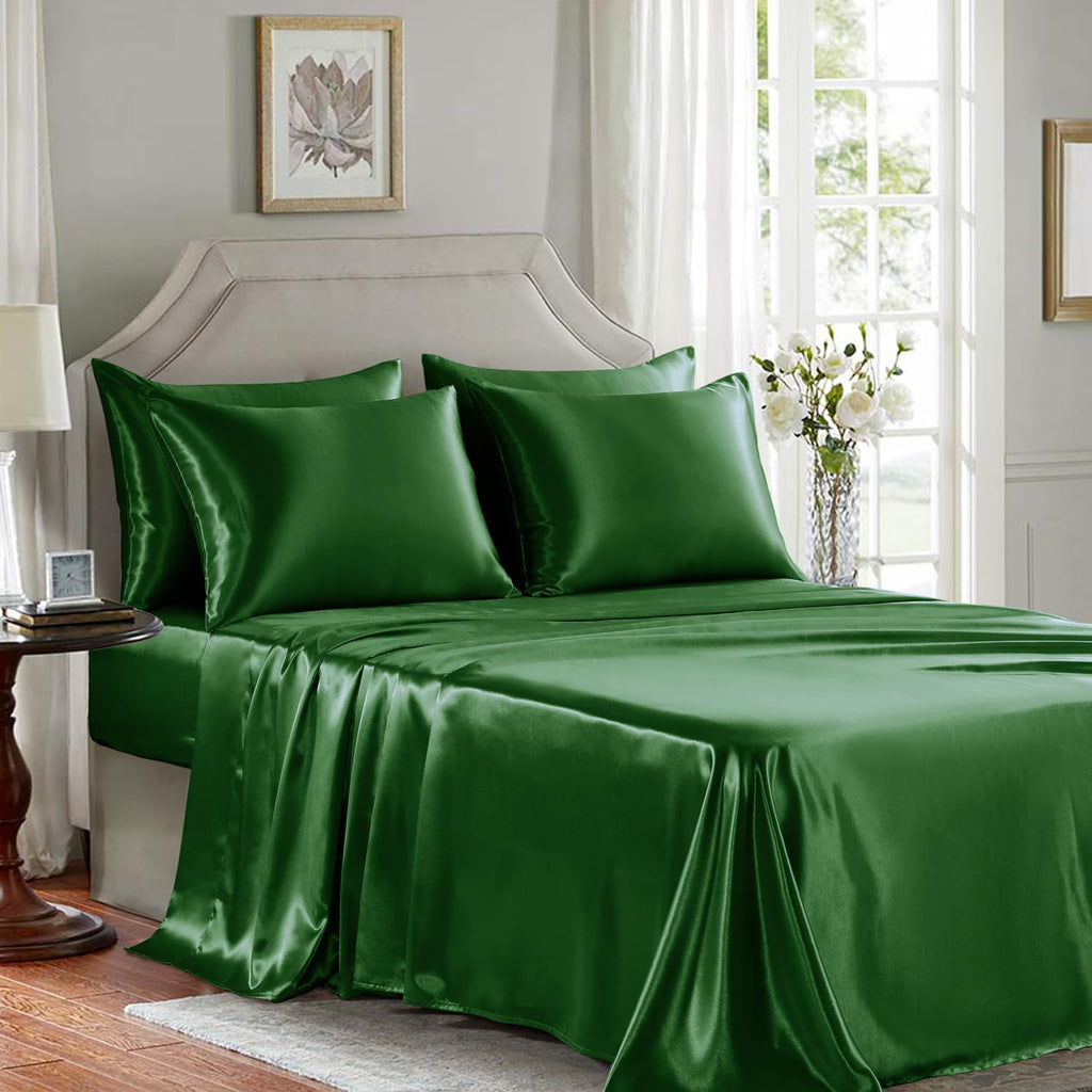 Golal Satin Sheets King Size - 6 Pieces Luxury Silky Soft Bed Sheets, Wrinkle-Free Dark Green Satin Silk Sheet Set with 1 Deep Pocket Fitte…