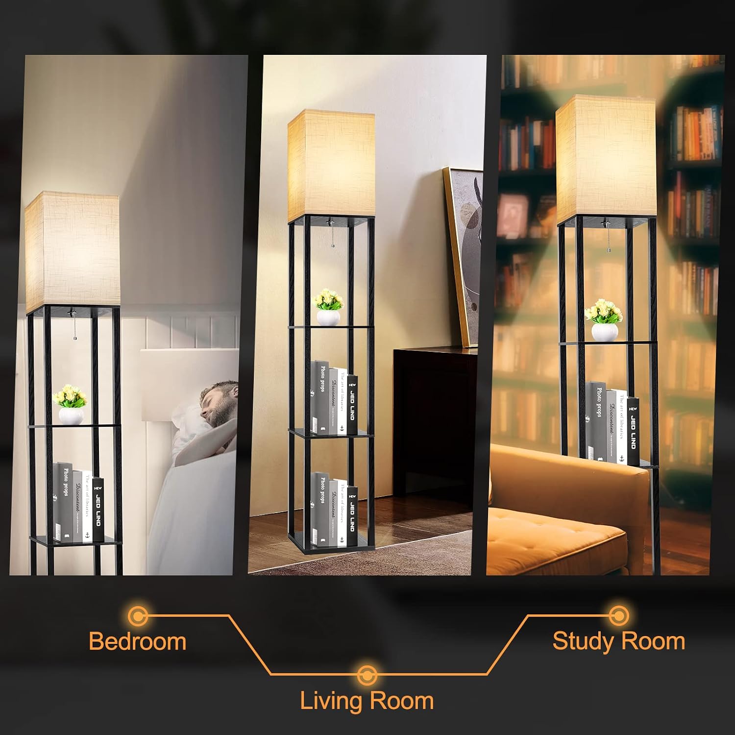 RUNTOP Floor Lamp with Shelves, Shelf Lamp with 3 Color Temperature LED Bulb, Floor-Lamp for Living Room, Modern Tall Standing Display…