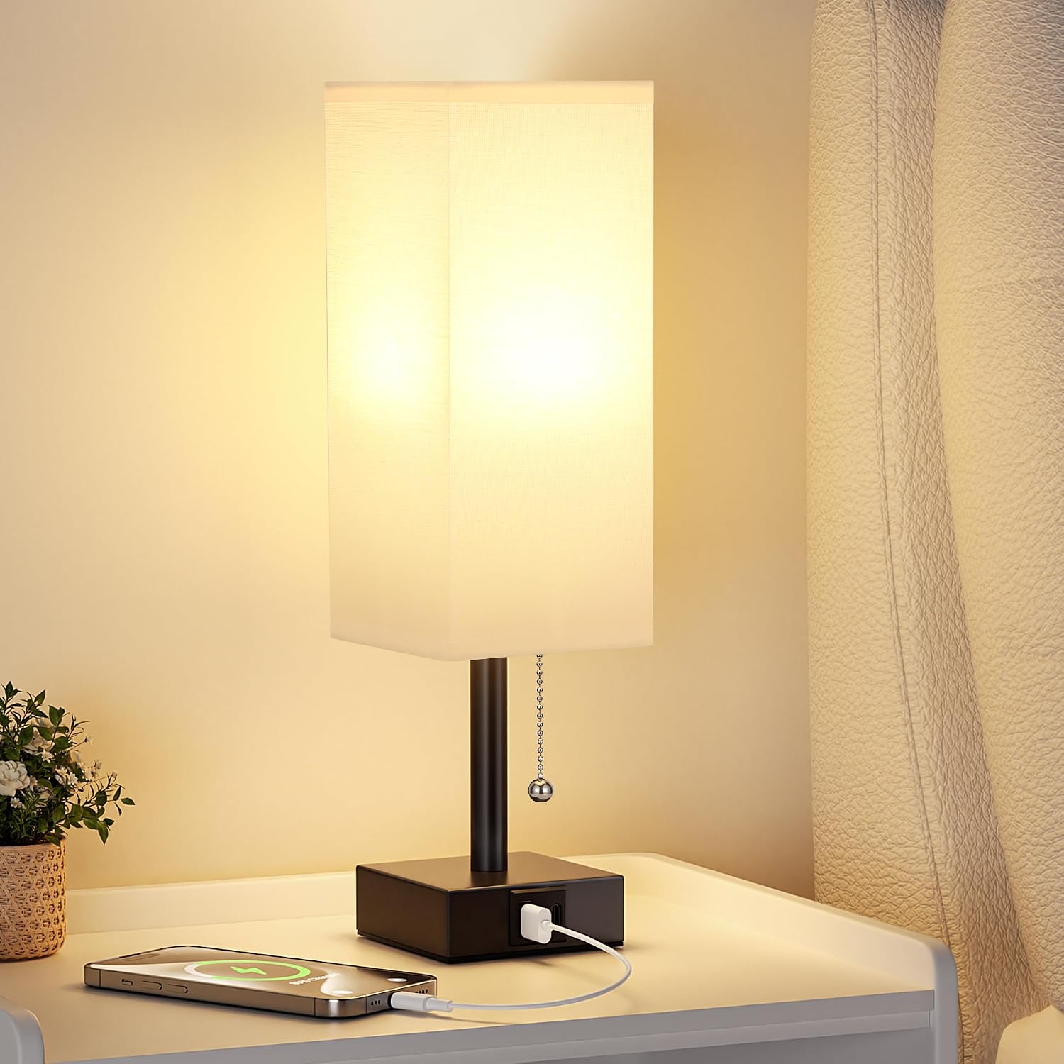 Aooshine White Small Table Lamp for Bedroom - 3 Color Temperature 3000K 5000K 4000K Bedside Lamp, Pull Chain Control, USB A and C Charging…