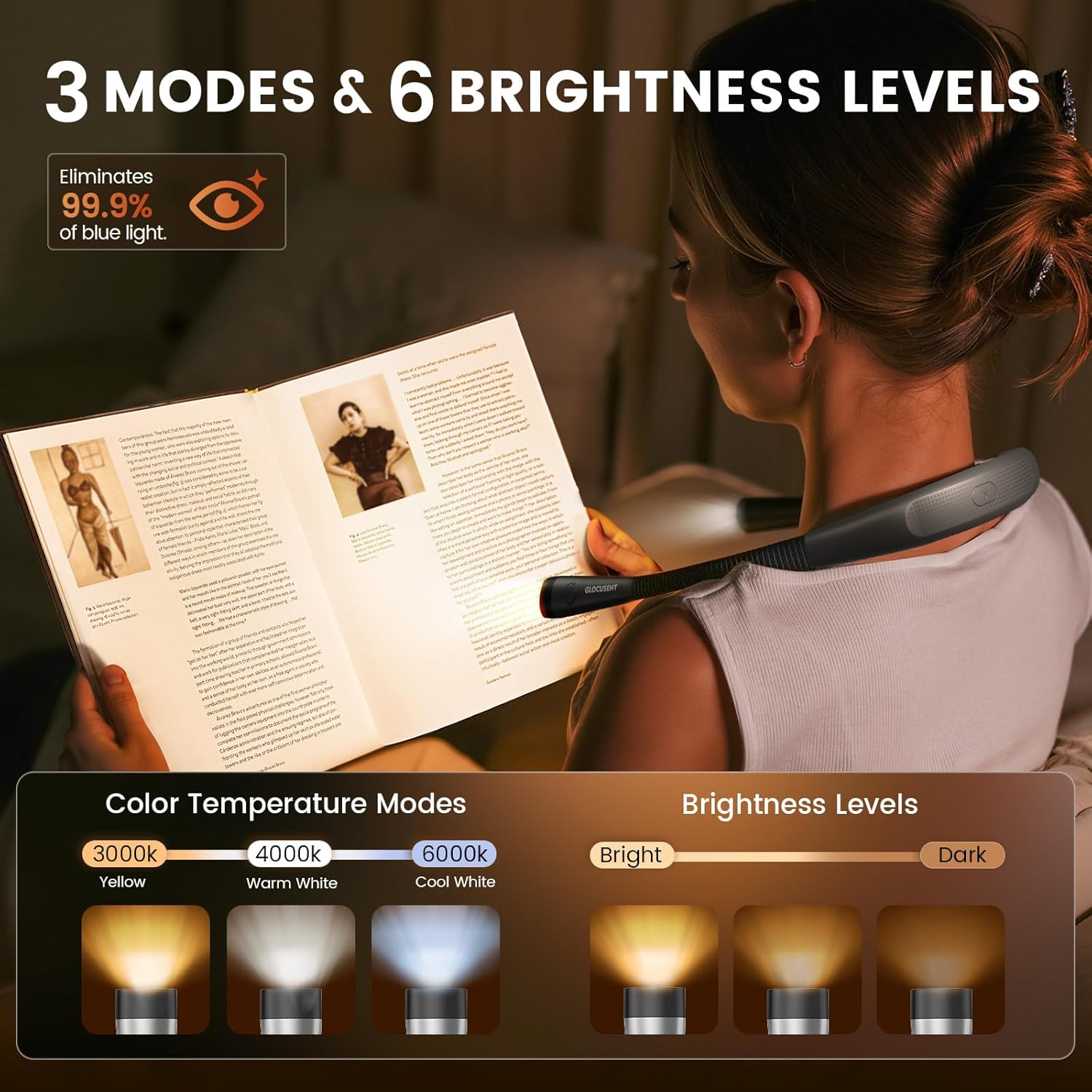 Glocusent Book Light, 3-Color & 6-Brightness Reading Light, Bendable Neck Light, 80-hr Lasting Rechargeable Book Light, Perfect Reading…
