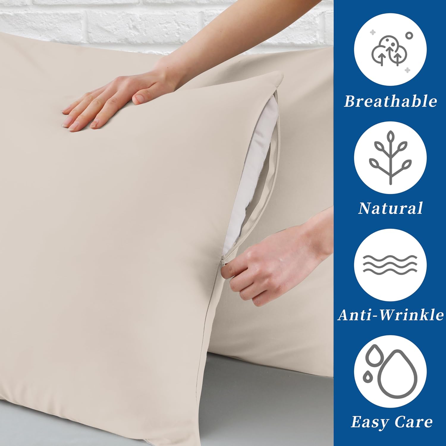 ZaizaiHome Standard Pillow Protector Set of 2, 100% Egyptian Cotton Cases With Zipper, 400 Thread Count Sateen Weave, Light Beige, Standard…