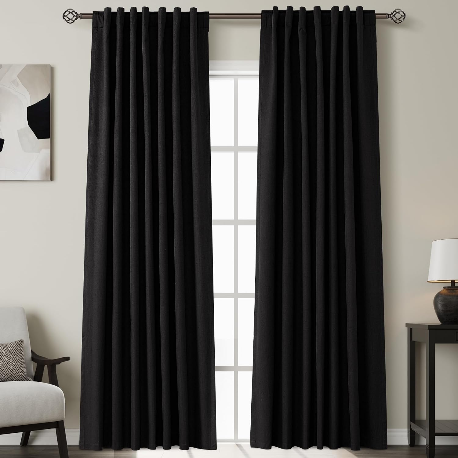 Nanspring Black Linen Blackout Curtains 84 Inches for Bedroom Pinch Pleated Modern Farmhouse Living Room Draperies 84 Length Thermal Insula…