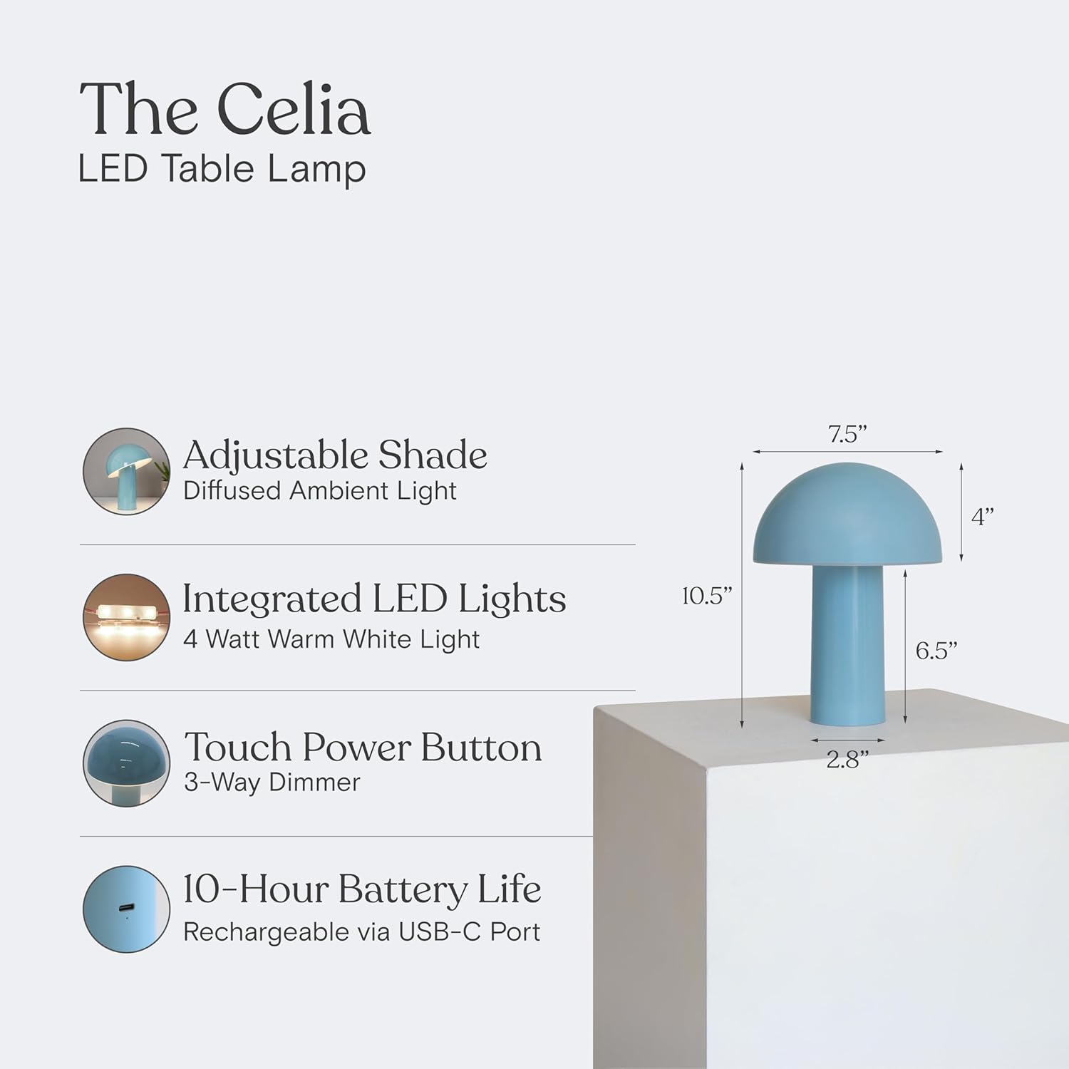 Brightech Celia Small Lamp – 10" Touch-Controlled Mushroom Table Lamp, Cordless & Dimmable LED, Portable & Rechargeable Bedside Night Light…