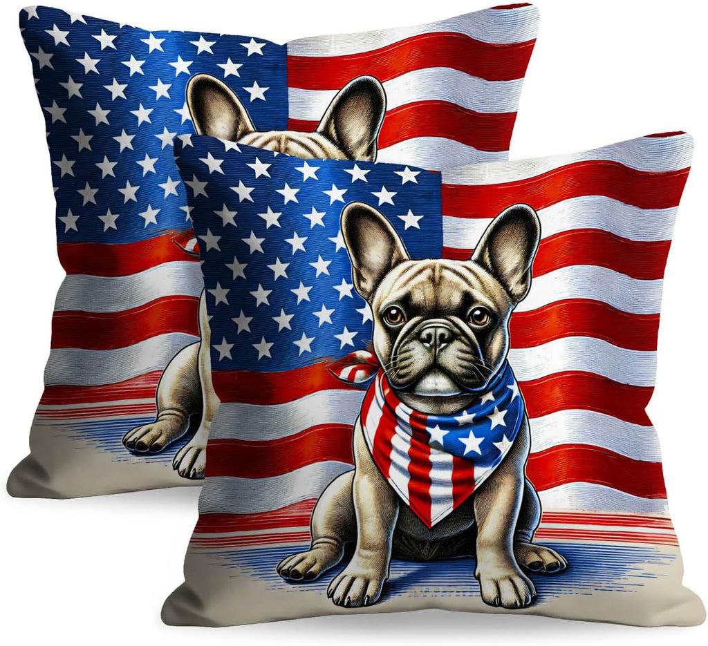 BlissYard Patriotic Dog Throw Pillow Covers 18x18 Set of 2 American Flag Bulldog Pillow Covers 4th of July Independence Day Decorations…