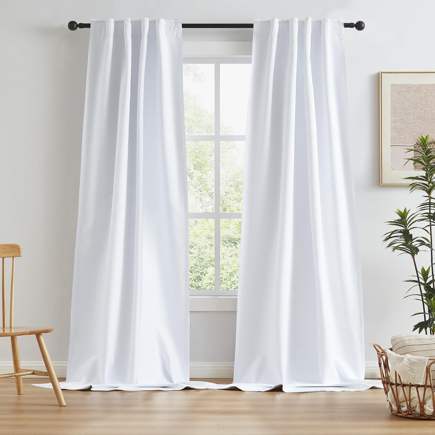 Keqiaosuocai White Blackout Curtains 108 Inches Long 2 Panels Back Tab Pocket Hook Belt Full Black Out Thermal Insulated Thick Window Drape…