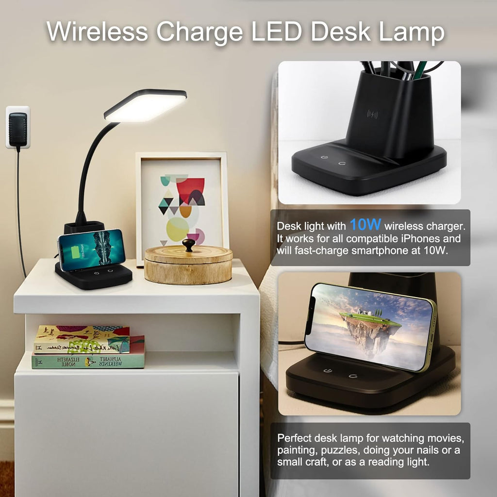 Desk Lamp, LED Desk Lamps for Home Office, Wireless Charger Small Desk Lamp with Pen Holder, 3 Color Modes, Dimmable, CRI 85, 800LM…