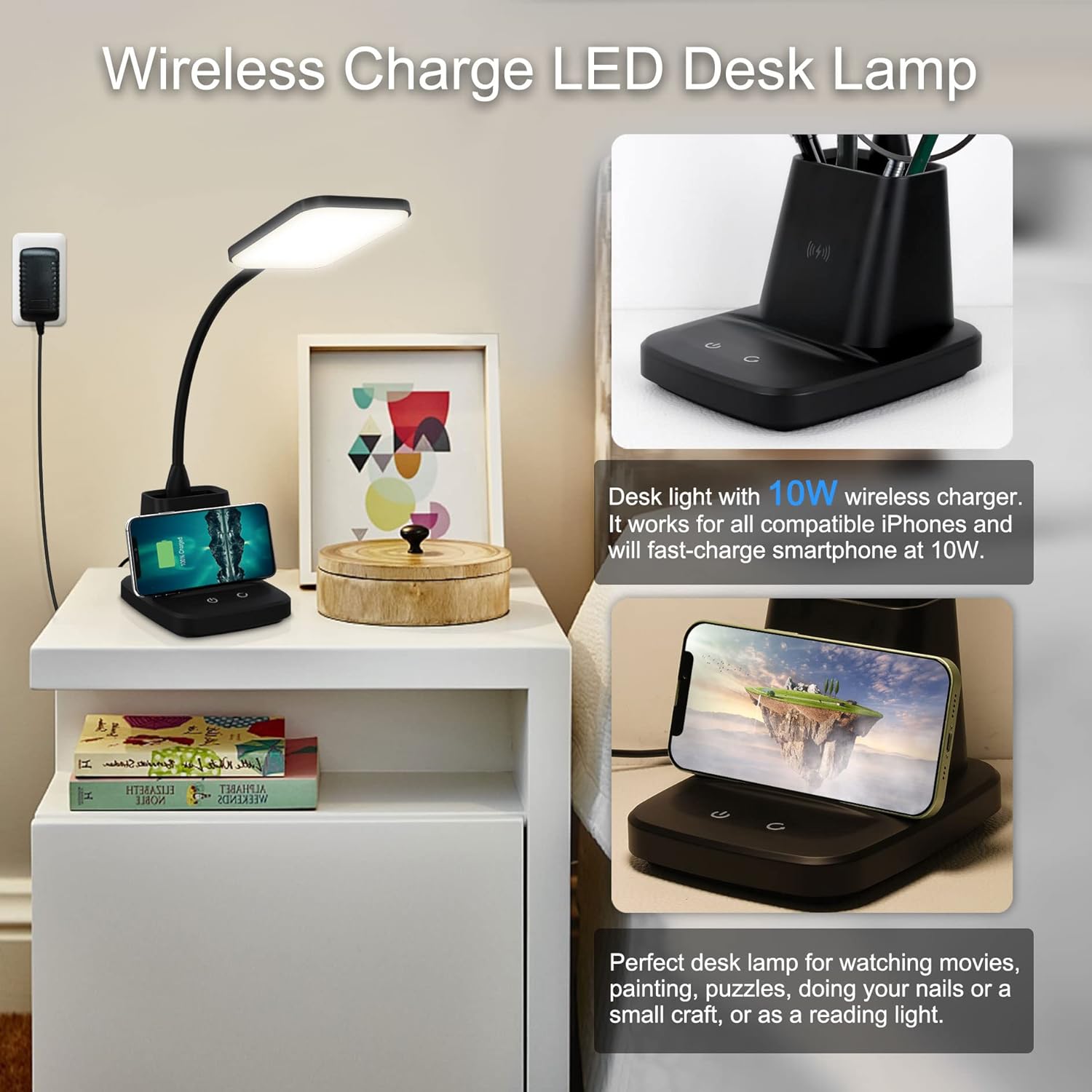 Desk Lamp, LED Desk Lamps for Home Office, Wireless Charger Small Desk Lamp with Pen Holder, 3 Color Modes, Dimmable, CRI 85, 800LM…