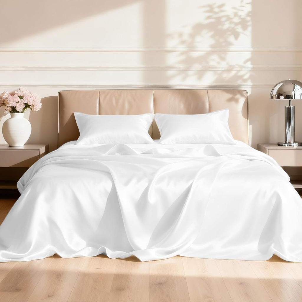 Lovescabin Love's cabin California King Satin Sheet Sets - 4 Piece White Silky Sheets Bed Set with Deep Pocket, Luxury Silk Feel Satin Cal…