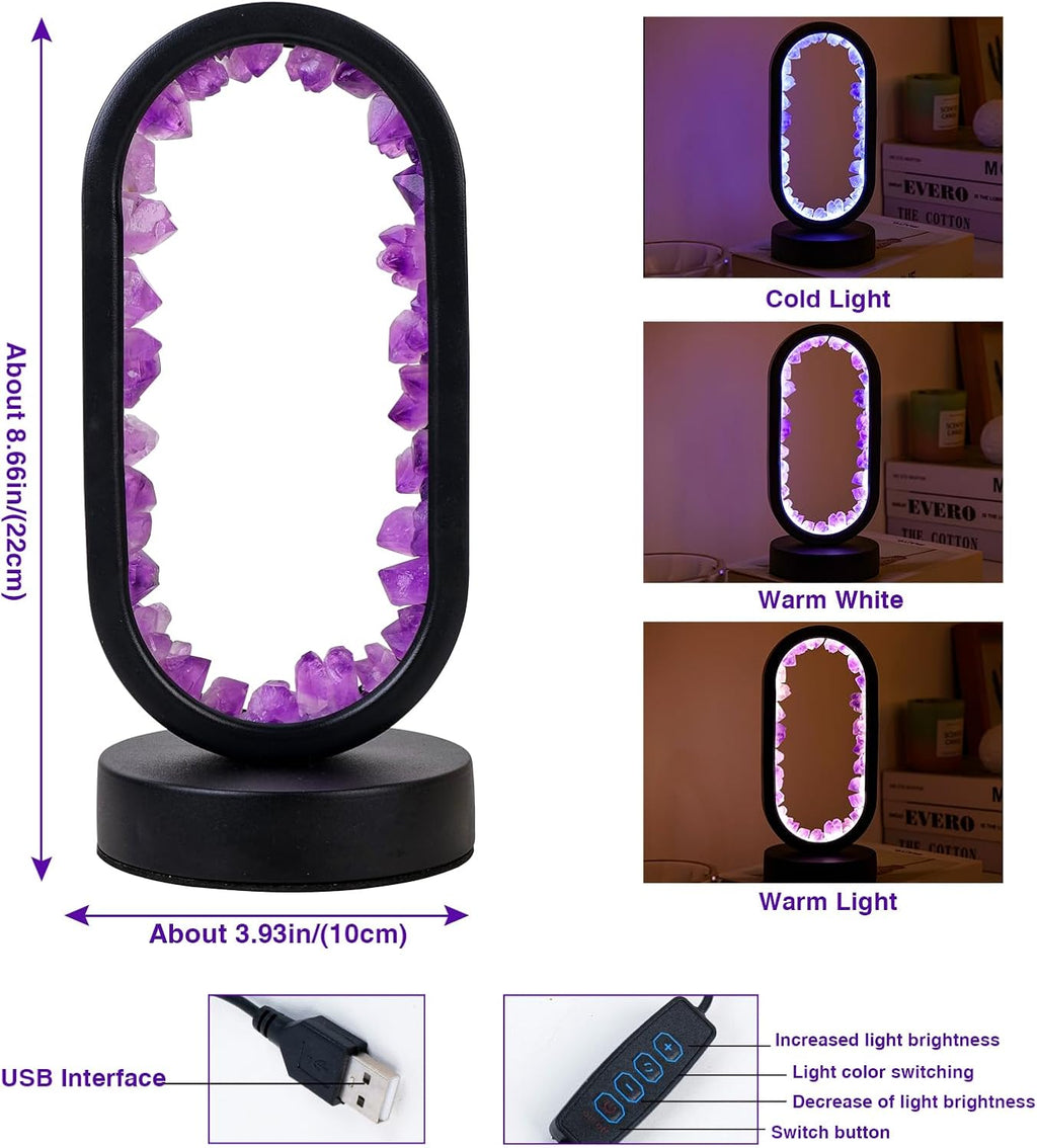 Runyangshi Crystal Lamp - Amethyst Tooth Ellipse Night Light with USB Port, 3 Colours Mode Table Lamp for Bedroom, Bedside, Office, Home De…