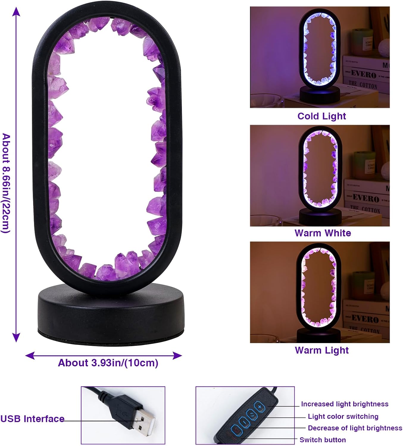 Runyangshi Crystal Lamp - Amethyst Tooth Ellipse Night Light with USB Port, 3 Colours Mode Table Lamp for Bedroom, Bedside, Office, Home De…