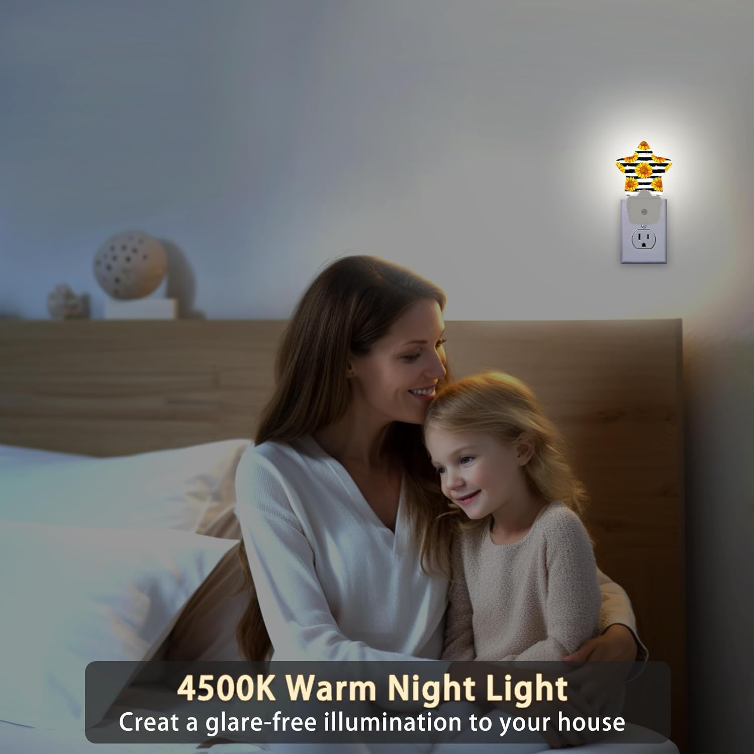 Sunflowers Plug-in Night Light Black White Grid with Dusk-to-Dawn Sensor for Bedroom, Bathroom and Living Room Sleep Friendly lamp for…