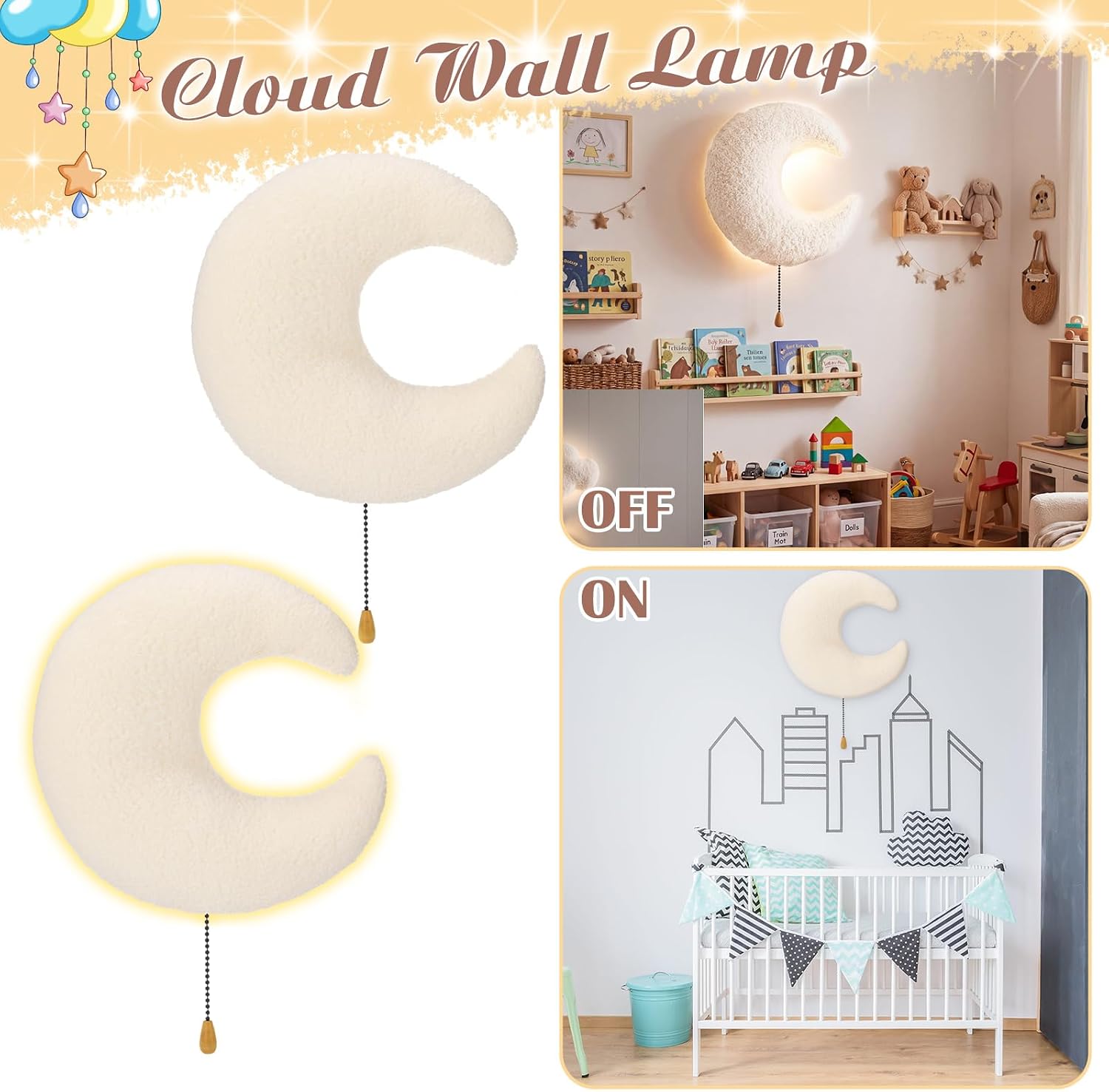 Aurelema Fluffy Moon Night Light Wall Lamp Sleeping Nursery Lighting Cute Floating Battery Operated Hanging Lamp for Baby Boys Girls…
