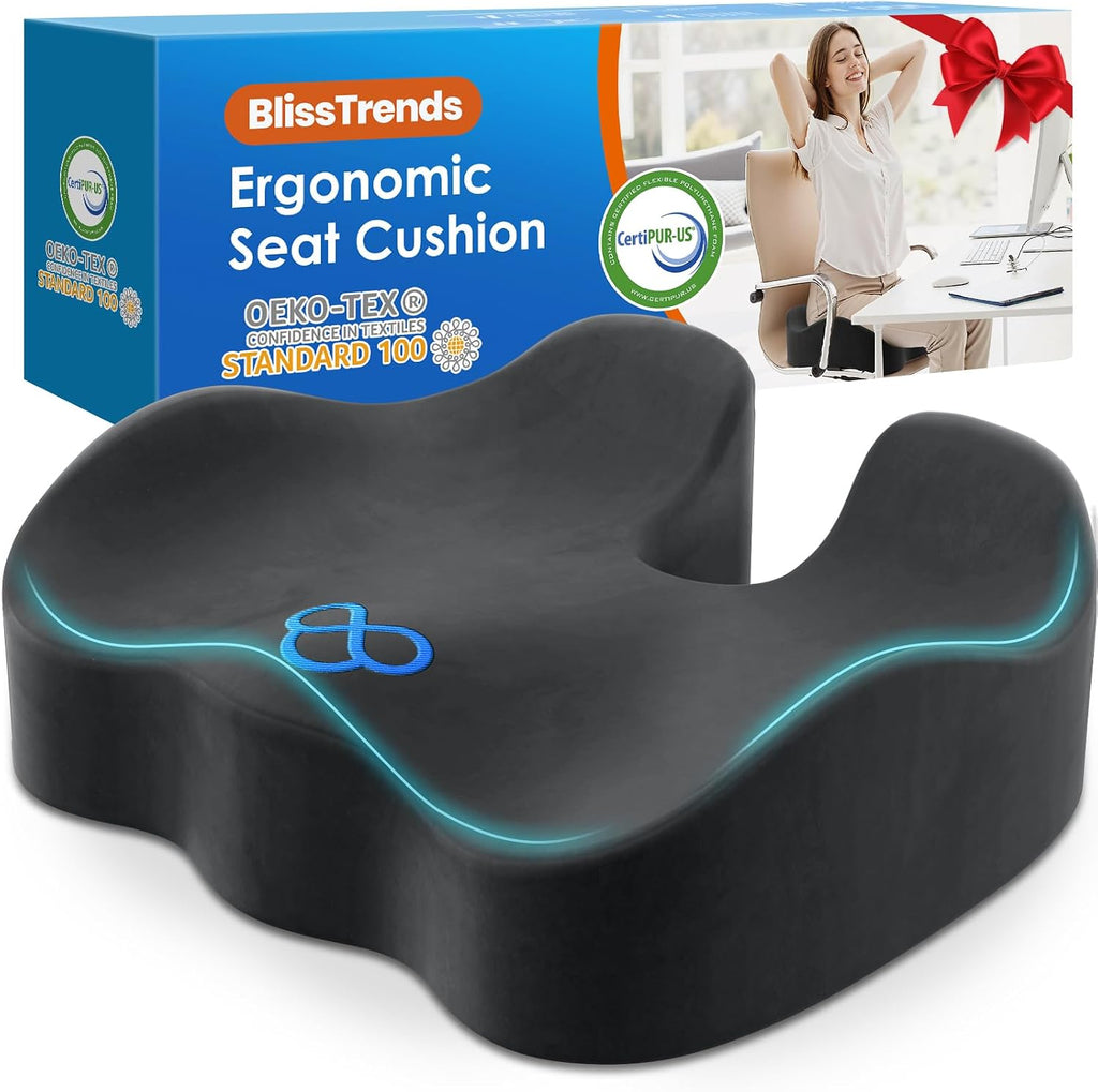 BlissTrends Seat Cushion, Thick Memory Foam Cushions for Office Chair, Car Seat, Airplane, Relieving Pressure Tailbone Sciatica Back Pain fo…