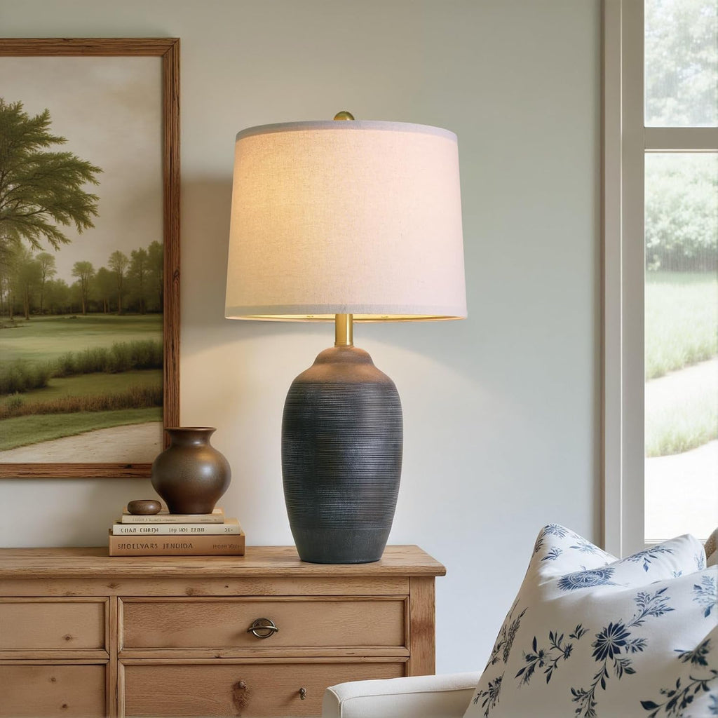 USumkky 24.5" Vintage Ceramic Table Lamp with 5FT Cord- Single Farmhouse Rustic Bedside Lamp with Natural Textured Finish, Nightstand…