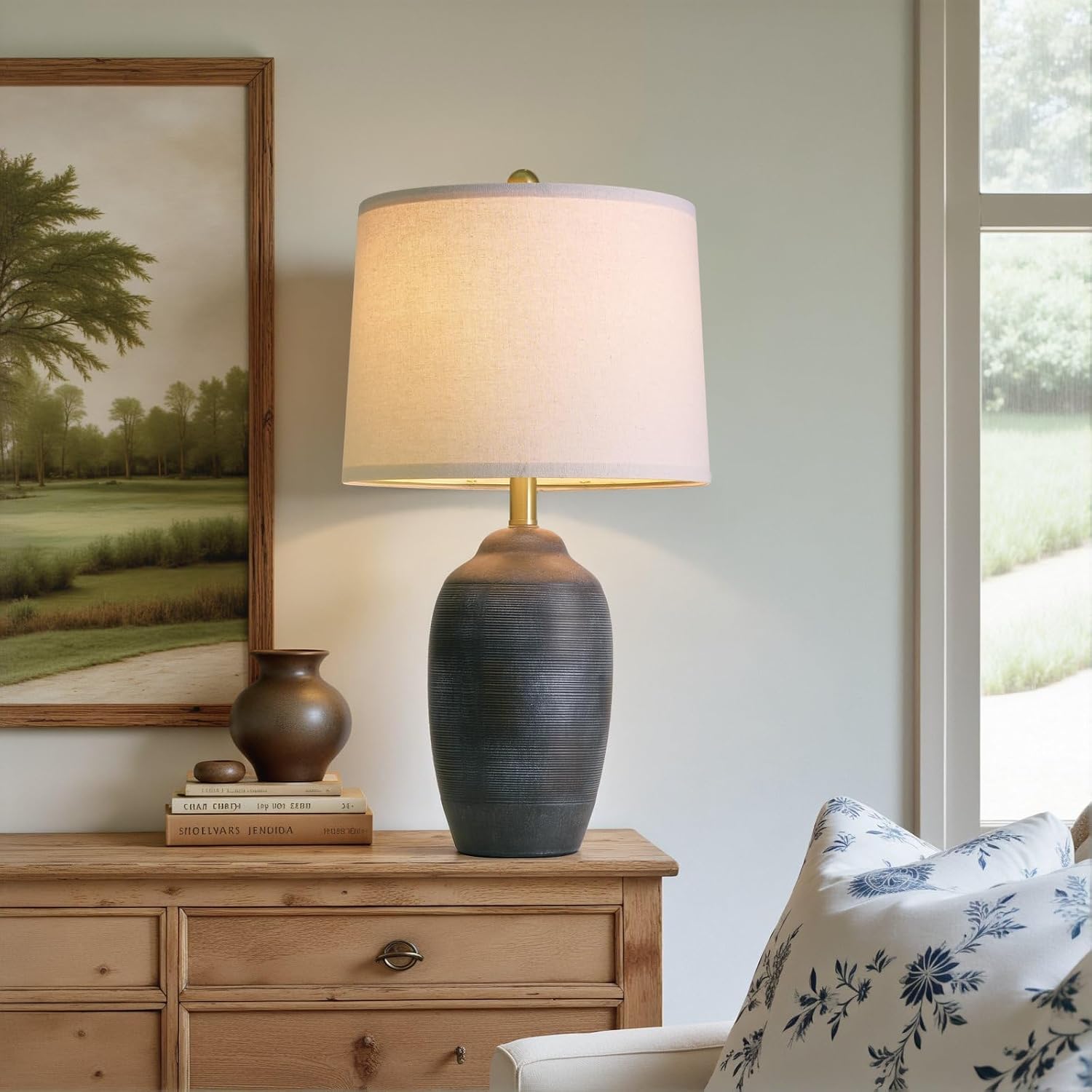 USumkky 24.5" Vintage Ceramic Table Lamp with 5FT Cord- Single Farmhouse Rustic Bedside Lamp with Natural Textured Finish, Nightstand…