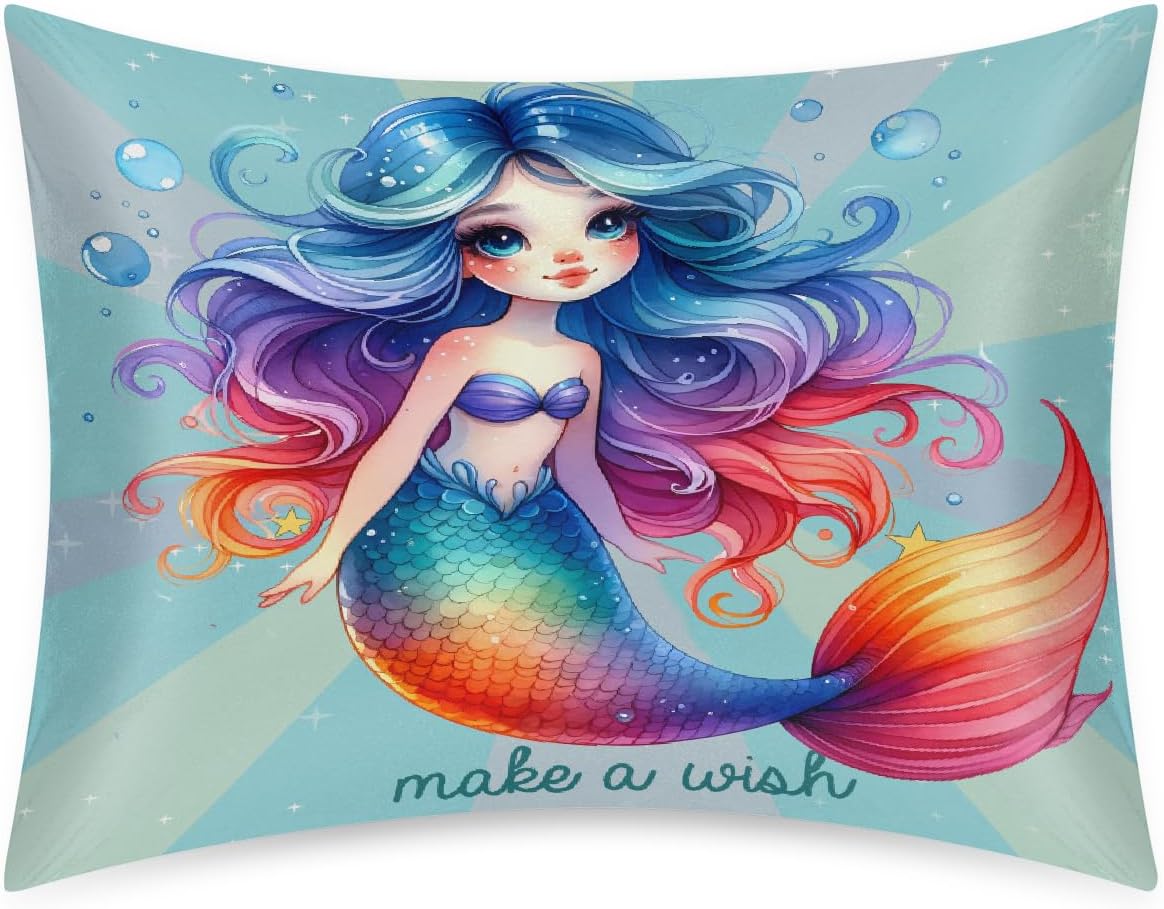 Satin Pillowcase for Hair and Skin Rainbow Mermaid Girls Soft Silk Pillow Case with Envelope Closure Cooling Pillow Cases Slip Standard…