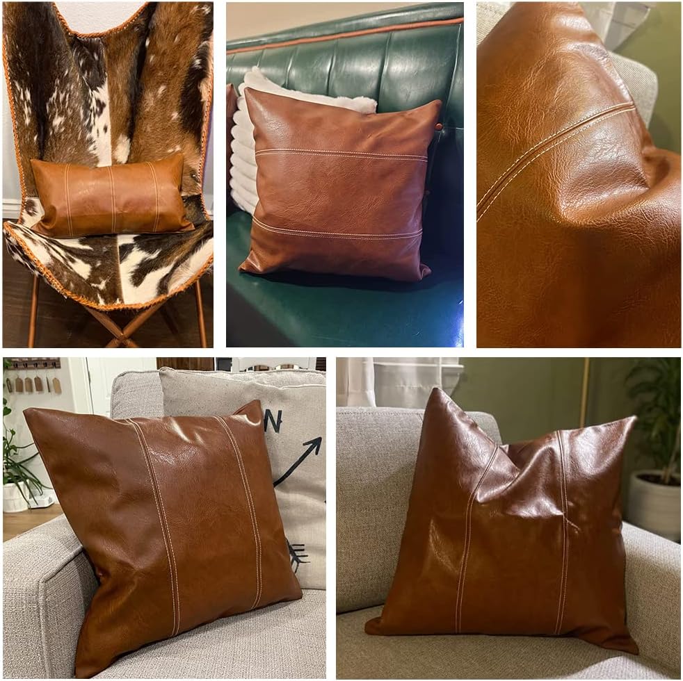 Fancy Homi Brown Boho Faux Leather Decorative Throw Pillow Covers 16x16 Inch for Living Room Couch Bed, Hand Stitched Accent Square…