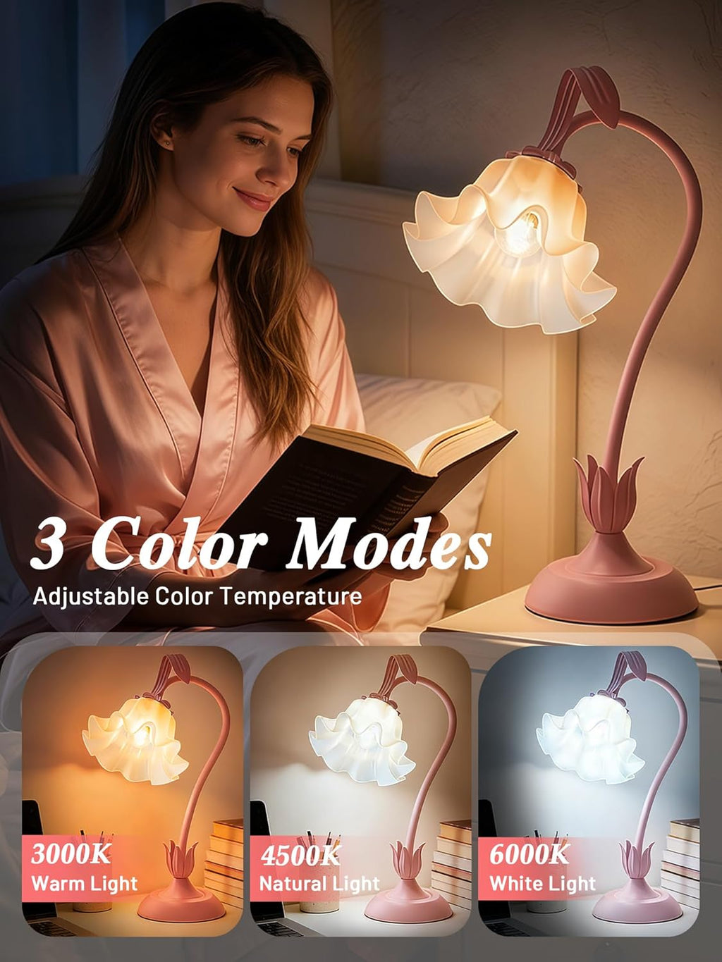 Bedside Table Lamp for Bedroom, Vintage Flower Table Lamps, LED Reading Light 3 Color Modes Bedside Lamps, Nightstand Lamp Kawaii Desk…