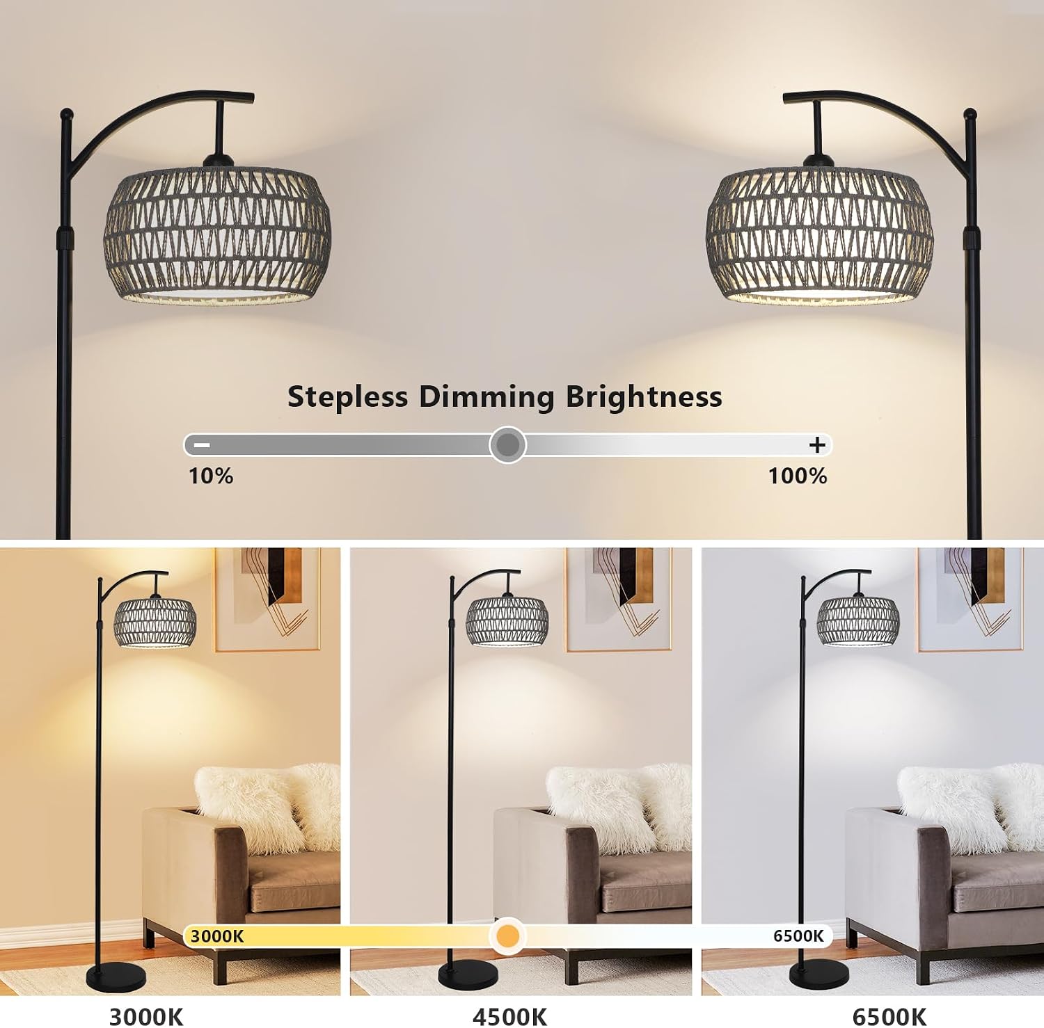 Arc Floor Lamp for Bedroom, Boho Standing Lamp with Remote & LED Smart Bulb, Rattan Floor Lamps for Living Room with 3 Color…
