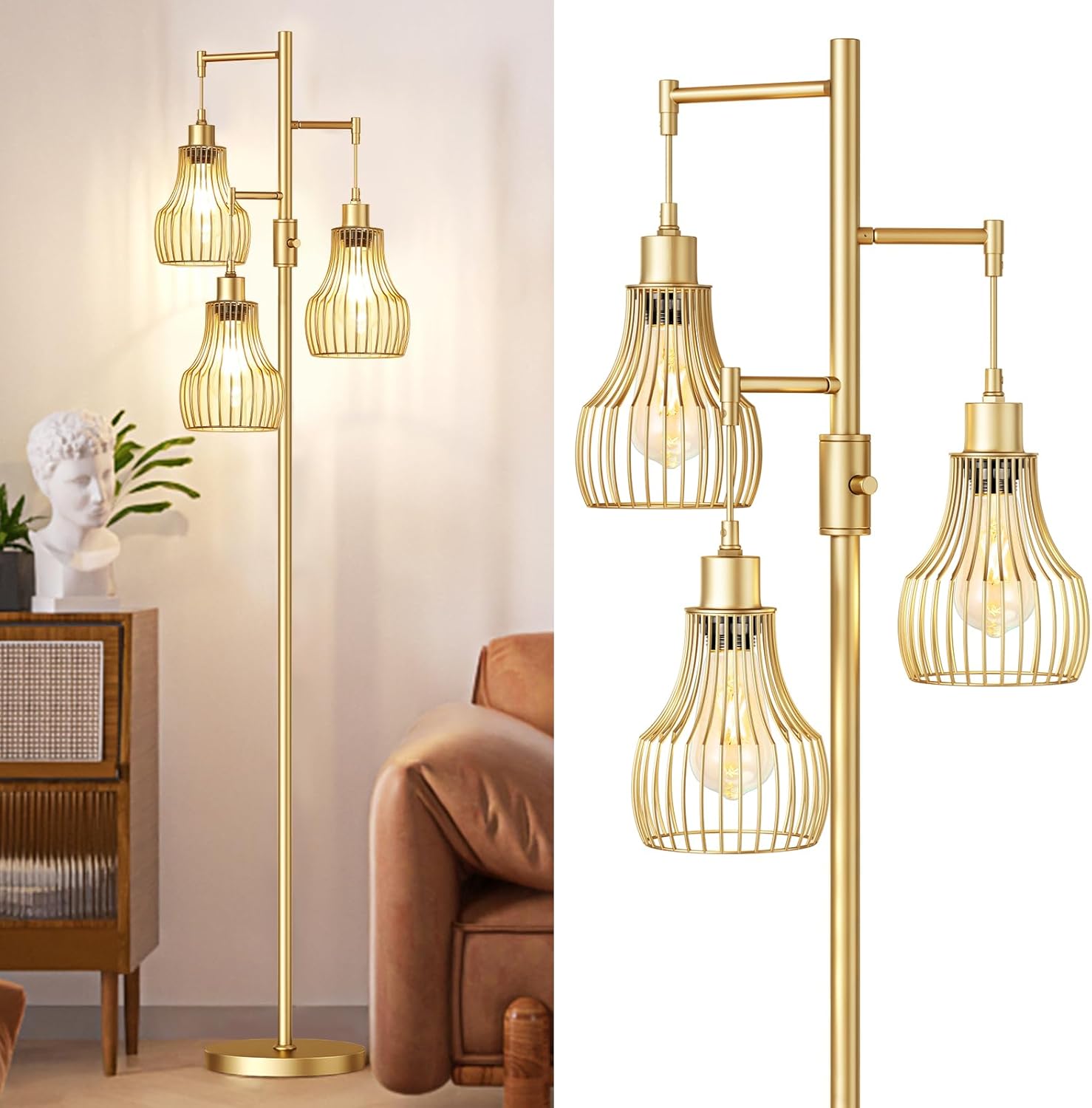 Ziisee Dimmable Gold Floor Lamps for Living Room, 70" Farmhouse Tree Standing Tall Lamps with 3 Elegant Cage Shade & 800 Lumens LED Bulbs…