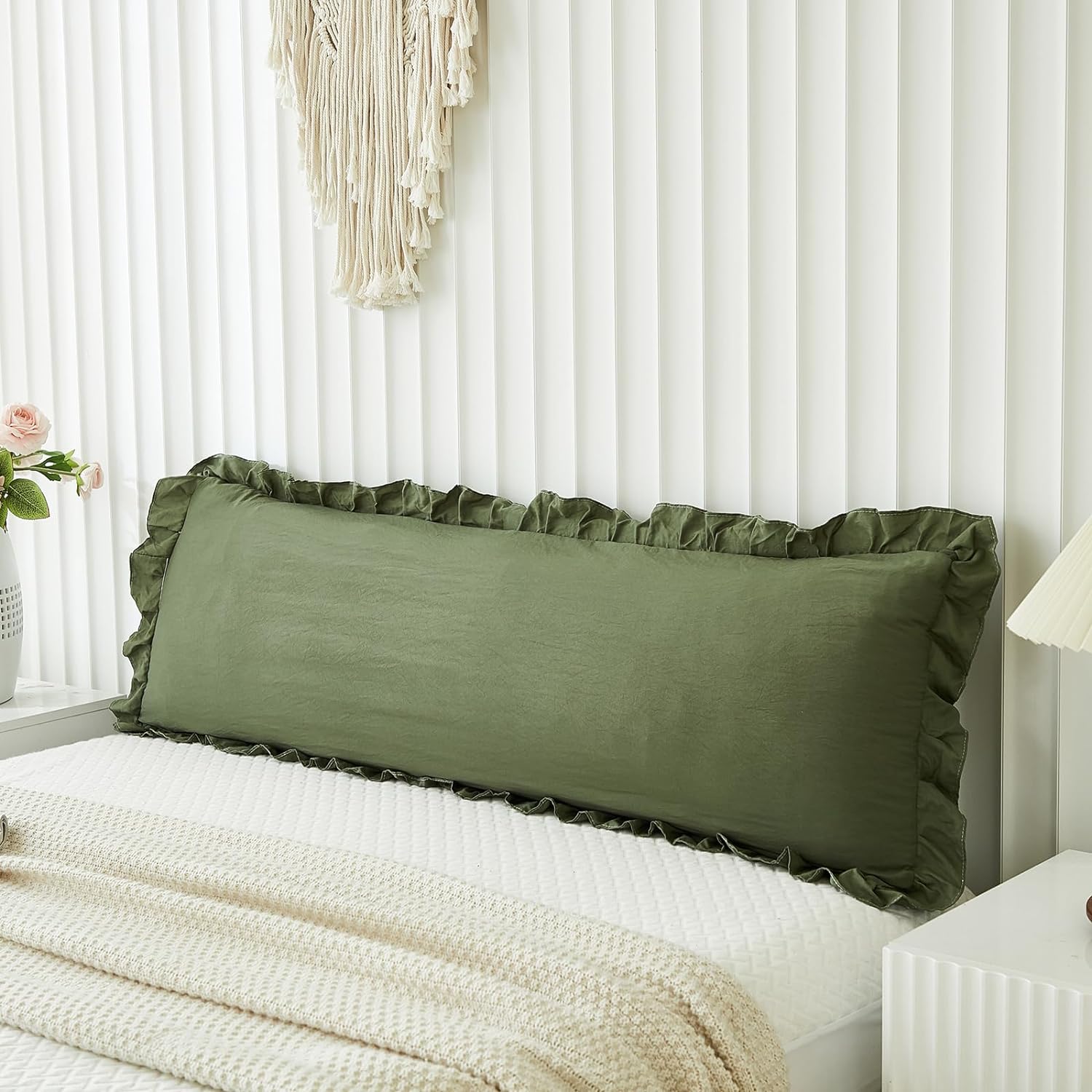 Merryword Shabby Chic Olive Green Body Pillow Cover - 20x54in Long Pillowcase with Ruffled Fringe Decor Green
