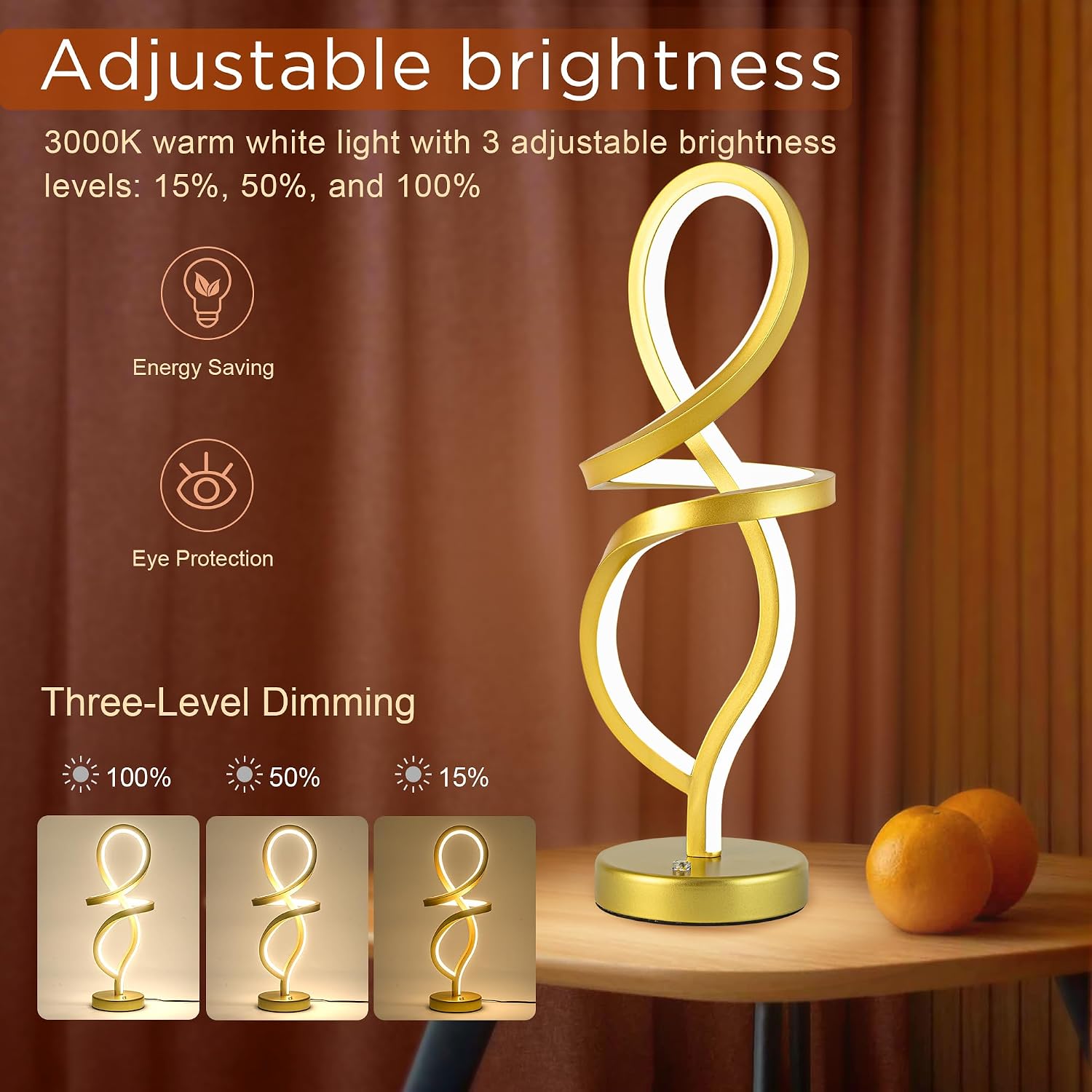 Mayful Modern RGB Table Lamp with 15W LED Unique Spiral Design, Gold Small Nightstand Lamp & Bedside Lamps, Touch Dimmable with 7 Colors…