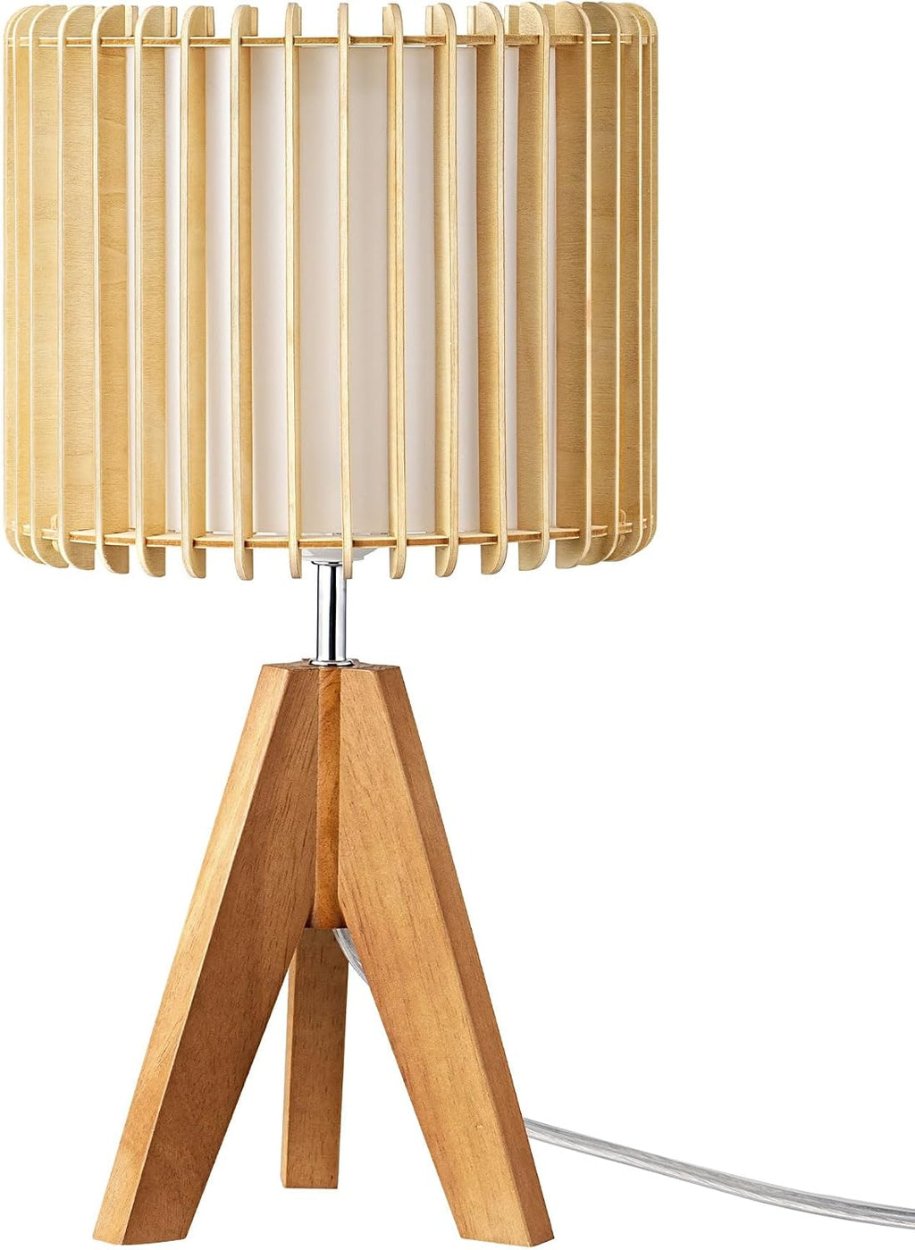 Edishine 14.17" Small Table Lamp, Wood Tripod Bedside Lamp, Natural Wood-Colored Hollow & White PVC Shade, E26 Base, Boho Nightstand Lamp f…