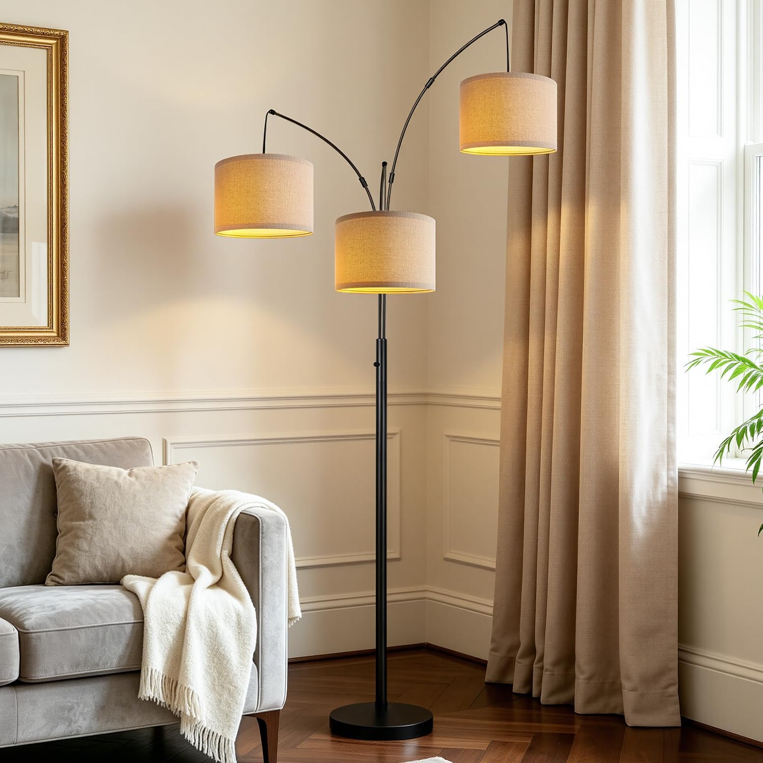 Dimmable 3 Lights Floor Lamp - 3000LM Super Bright Arc Floor Lamps for Living Room, Modern Tall Standing Lamp With Beige Shades, Mid…