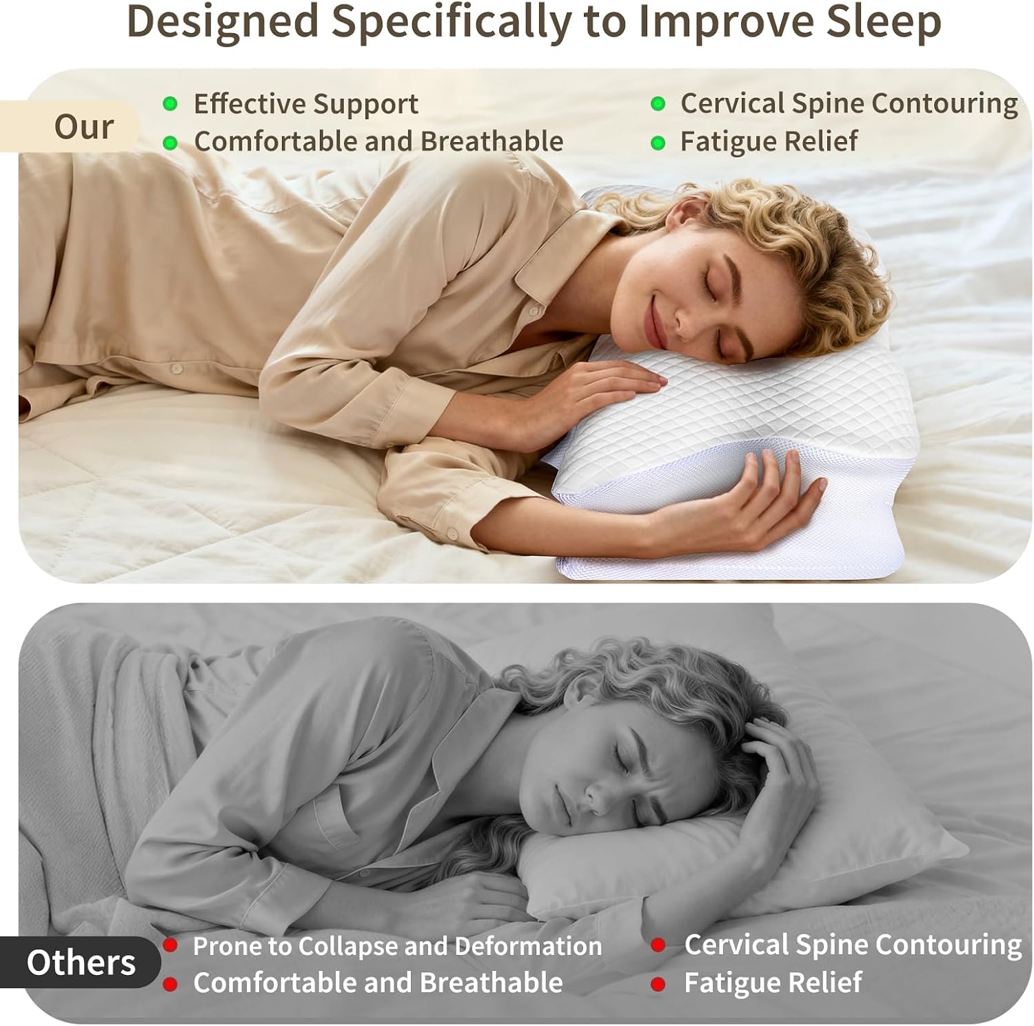 Roowana Cervical Neck Pillow for Neck Pain, Memory Foam Orthopedic Pillow with Contoured Design, Neck Support Pillows with Two Height Optio…
