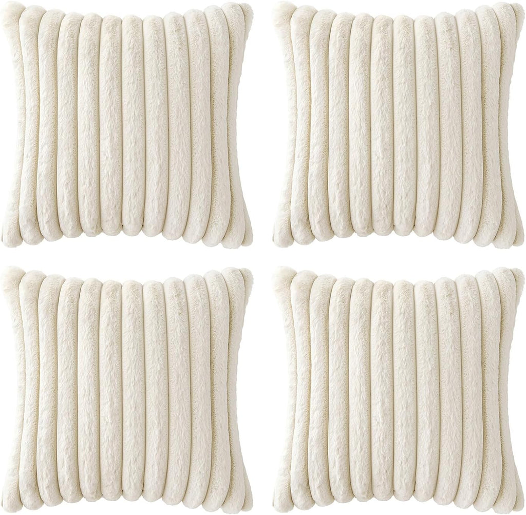 Miulee Faux Fur Plush Decorative Throw Pillow Covers 18x18 Set of 4, Spring Modern Soft Fuzzy Striped Cushion Covers for Sofa Couch Bed Liv…