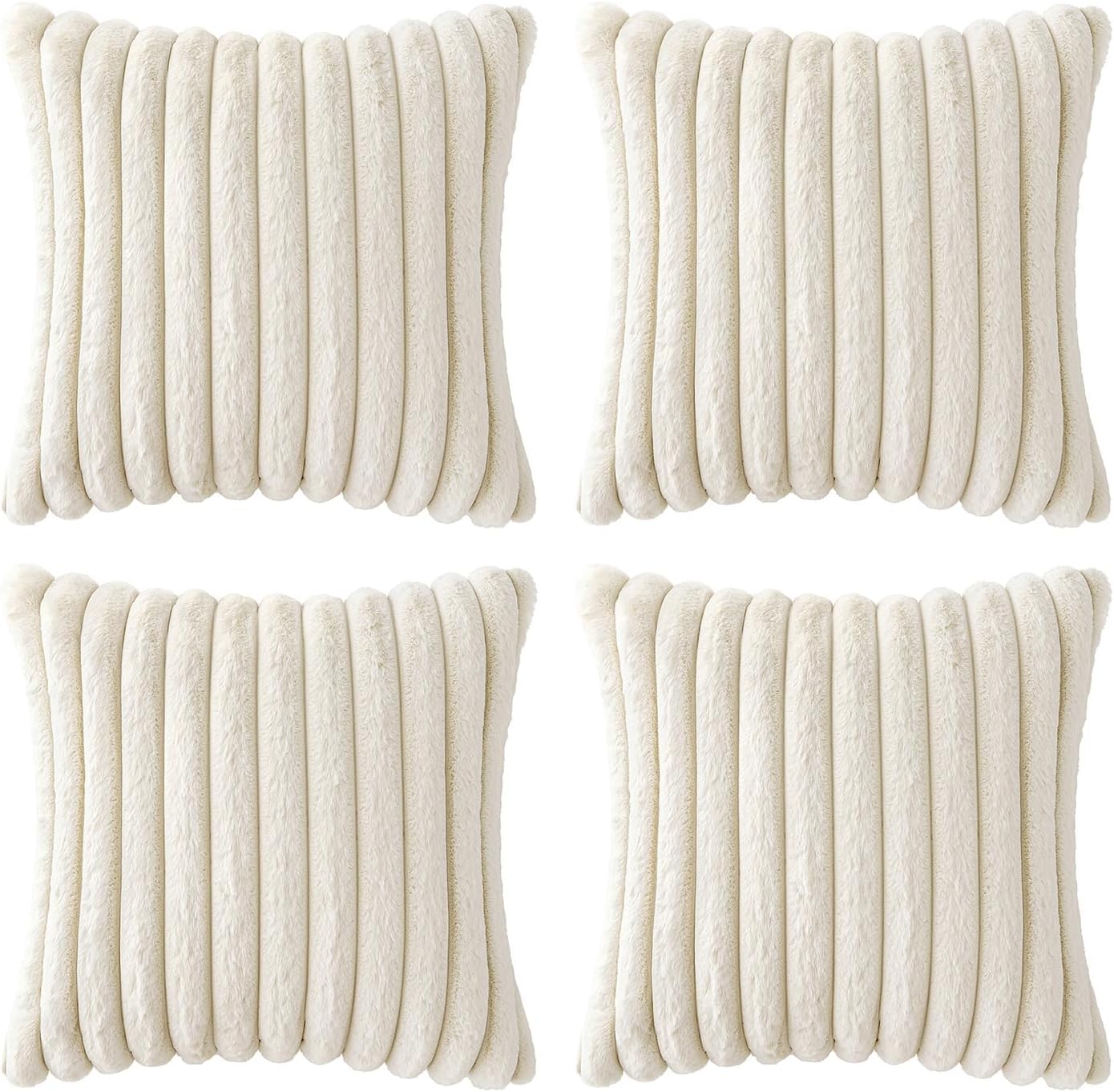 Miulee Faux Fur Plush Decorative Throw Pillow Covers 18x18 Set of 4, Spring Modern Soft Fuzzy Striped Cushion Covers for Sofa Couch Bed Liv…
